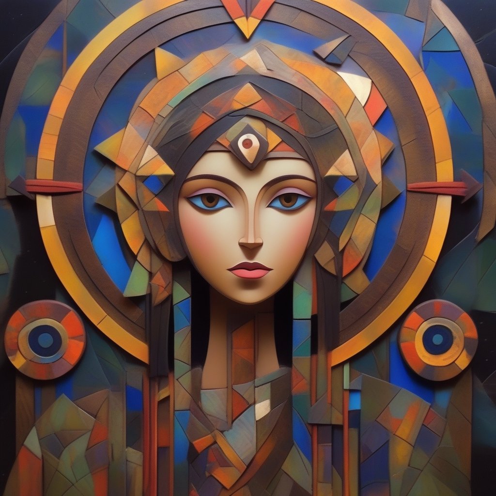 radiant realism, A whimsical beautiful vibrant female in a forest under the moon and stars with metal elements in a craftsman style using geometric shapes. The figure is face forward and should have 2 large, prominent eyes and its body should be composed of smoothly interlocking metal parts and brightly colored painted panels. The background should be a simple, dark shade to highlight the details.