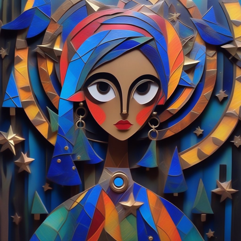 radiant realism, A whimsical beautiful vibrant female in a forest under the moon and stars with metal elements in a craftsman style using geometric shapes. The figure is face forward and should have 2 large, prominent eyes and its body should be composed of smoothly interlocking metal parts and brightly colored painted panels. The background should be a simple, dark shade to highlight the details.