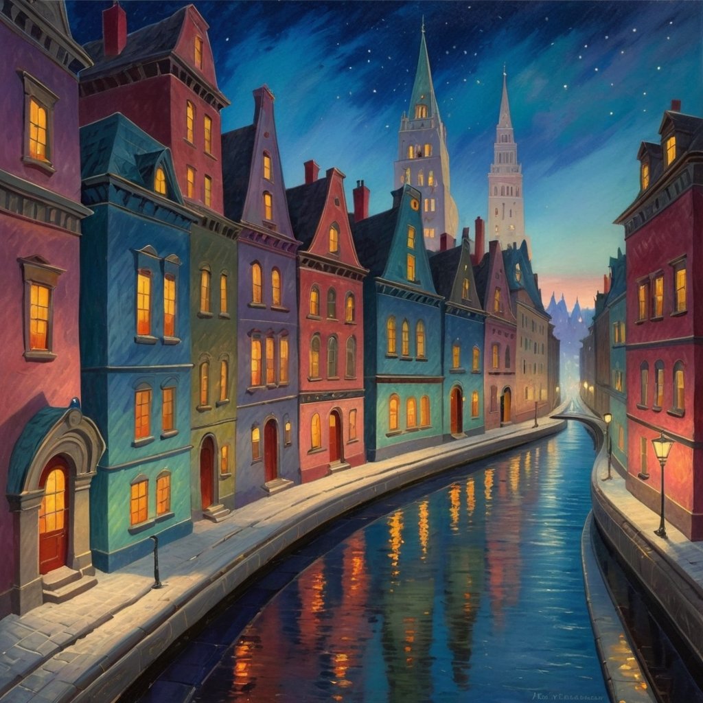 Beautiful whimsical cityscape, whimsical buildings, at night, beautiful sky, lit street, bold colors, In style of Fern Isabel Coppedge, Elia Locardi, Mikalojus Konstantinas Ciurlionis,  elegant, intricate, beautiful, fantastic view, ultra detailed.