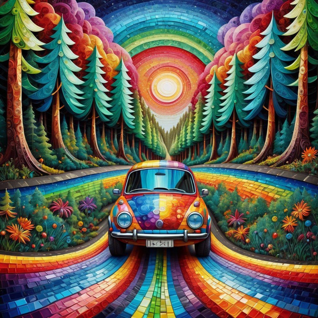 colorfull car on road, forest, landscape, surrealism, fantasy, reflection, painting, metaphysical, quilling|mosaic, Psychedelic art, (bright colors), super-detailed geometric patterns, symmetrical design, lsd effect, weird art