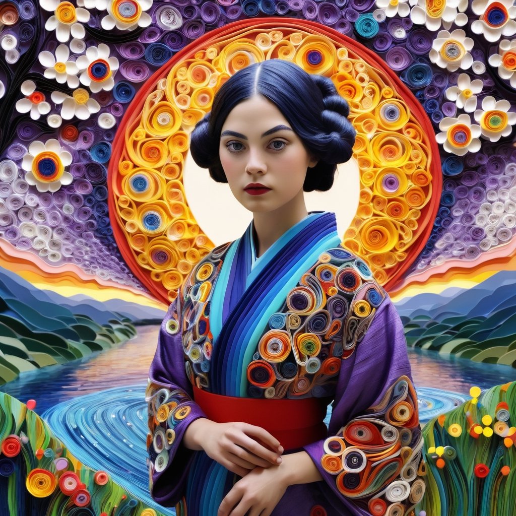 A girl, violet eyes, kimono, cleaveage, intricate swirly shirt, standing side river, flowers, tree, swirly sky, (quilled eyeballs), quilled sun, digital painting, mixed media, intricate quilling, psychedelic, meticulous, vibrant, ethereal, metaphysical, pop art, neo-expressionism, sequin, chemiluminescence, agnes lawrence pelton, sonia delaunay, wanda gág