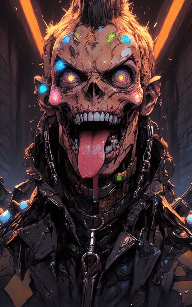 menacing punk-rock cyborg, grotesque surreal appearance, skull-like head, multiple large eyes, various colors, veins, mechanical enhancements, stretched skin, textured, metallic elements, piercings, spiked mohawk, colorful spikes, wide open mouth, sharp metallic teeth, multi-colored tongue, mechanical components, leather jacket, spikes, chains, patches, padlocks, keys, urban environment, grungy, graffiti-covered walls, flickering neon lights, dystopian future, shadows, dramatic lighting, depth, chaos, rebellion, otherworldly horror.