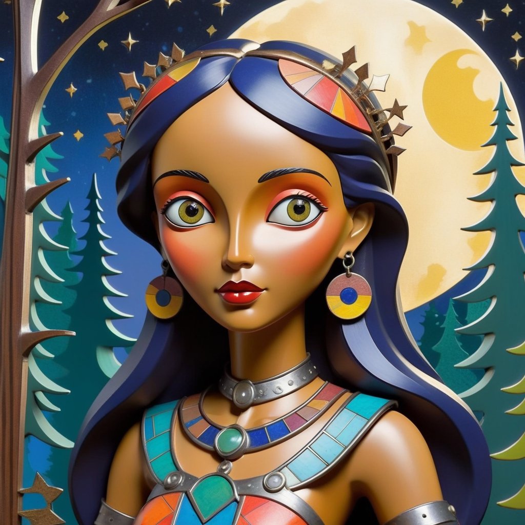 radiant realism, A whimsical beautiful vibrant female in a forest under the moon and stars with metal elements in a craftsman style using geometric shapes. The figure is face forward and should have 2 large, prominent eyes and its body should be composed of smoothly interlocking metal parts and brightly colored painted panels. The background should be a simple, dark shade to highlight the details.