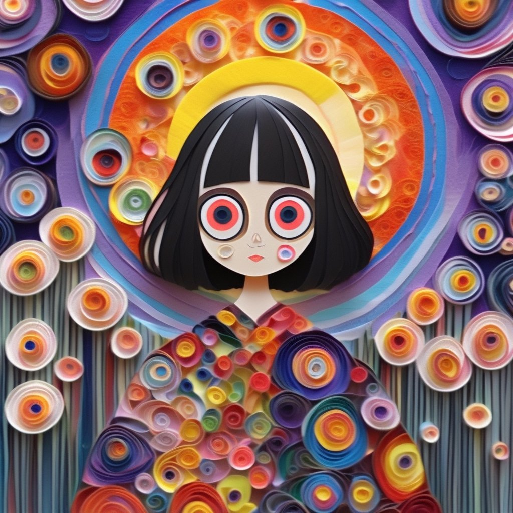 A girl, violet eyes, kimono, cleaveage, intricate swirly shirt, standing side river, flowers, tree, swirly sky, (quilled eyeballs), quilled sun, digital painting, mixed media, intricate quilling, psychedelic, meticulous, vibrant, ethereal, metaphysical, pop art, neo-expressionism, sequin, chemiluminescence, agnes lawrence pelton, sonia delaunay, wanda gág