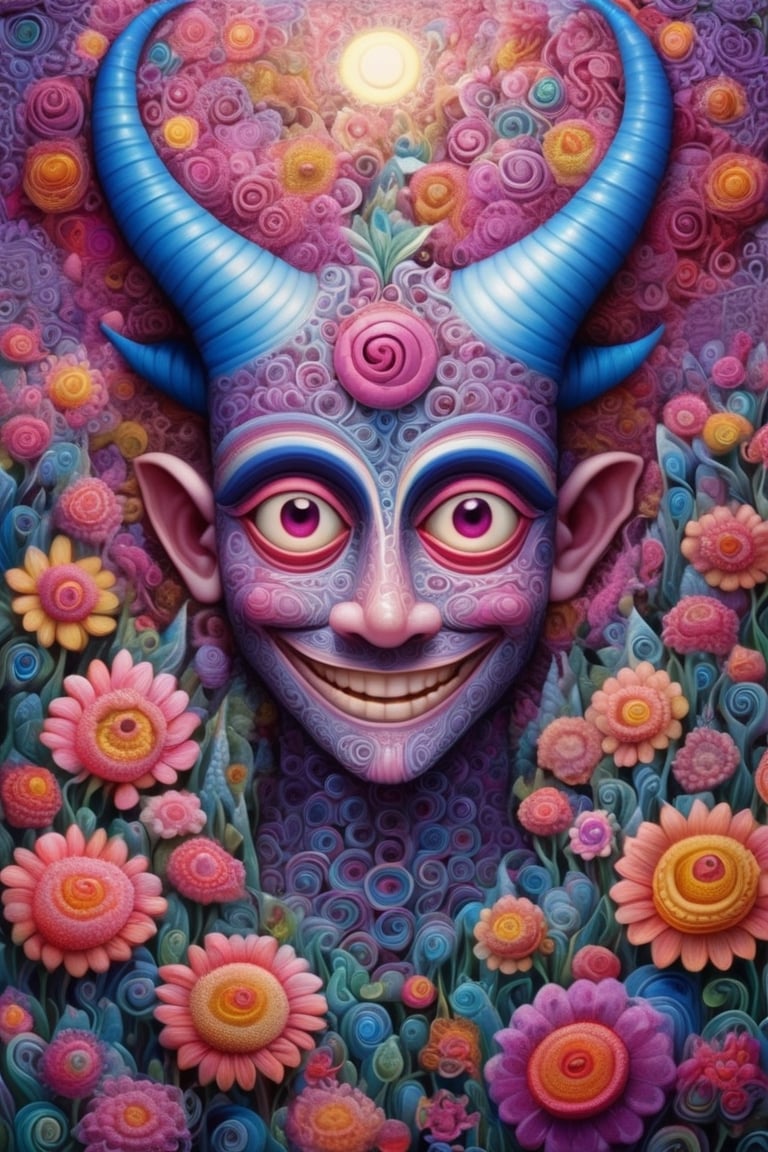 Zentangled portrait of a man with horn and glowing eyes, in flower field, smilling, (naoto hattori, joe Fenton), surrealism, fantasy, reflection, painting, metaphysical, Psychedelic art, (bright colors), super-detailed geometric patterns, symmetrical design, weird art, purple, blue, pink, white, quilling