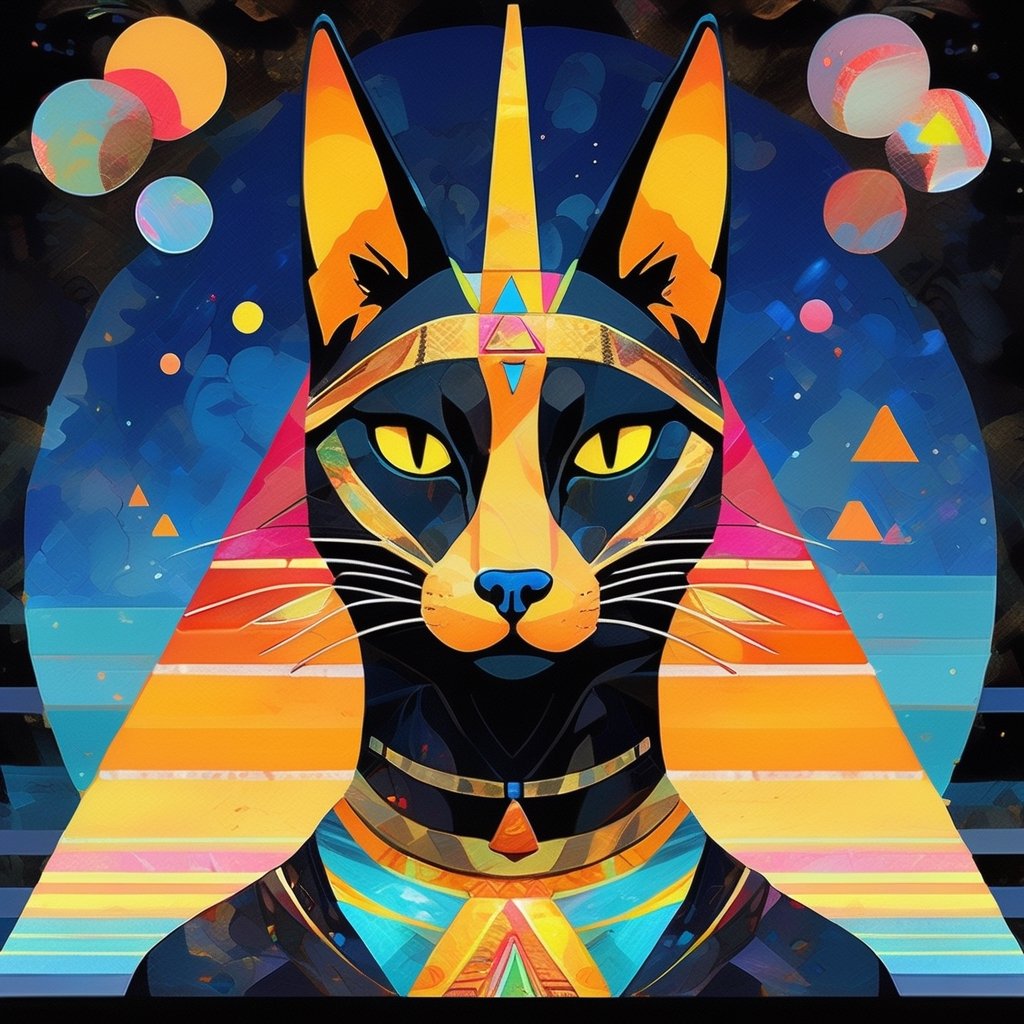 portrait of a cat as anubis, gigantic, surrelistic pyramid, moon, shadow, vivid colors, combined woodcut print style, impressionism and naive style, anime style, quilling feature, bokeh, double exposure, detailed, sequined