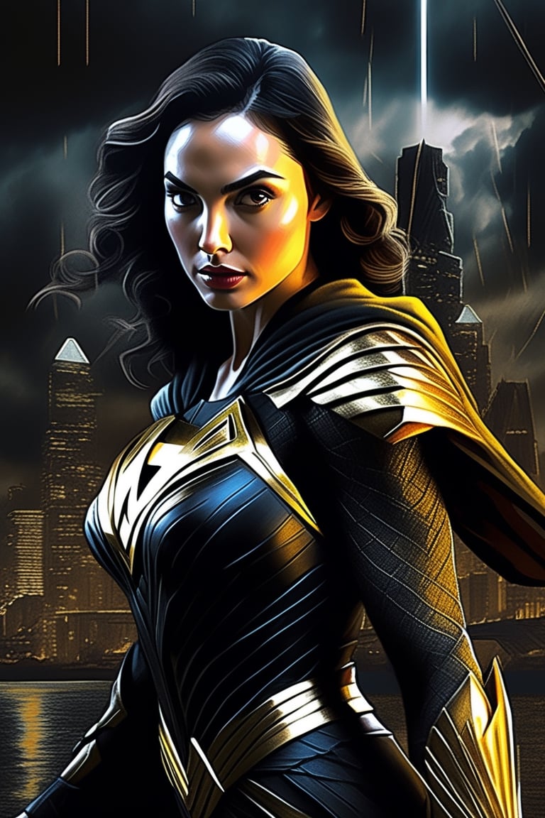 charcoal, chiaroscuro, collotype print, Gal Gadot, as black adam, fierce eyes, futuristic city background,, dark fantasy, dark nautical, evil theme, ghostcore, anna dittmann, bruce pennington, charlie bowater, el anatsui, drew struzan, character design, bright bold colors, conceptual art, digital art, digital painting, electrifying art