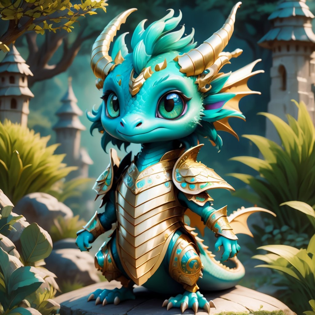 a cute dragon, with gold armor, turquoise hair, big eyes, character design by Tim burton, detailed, anime style, hd, background colorfull garden,