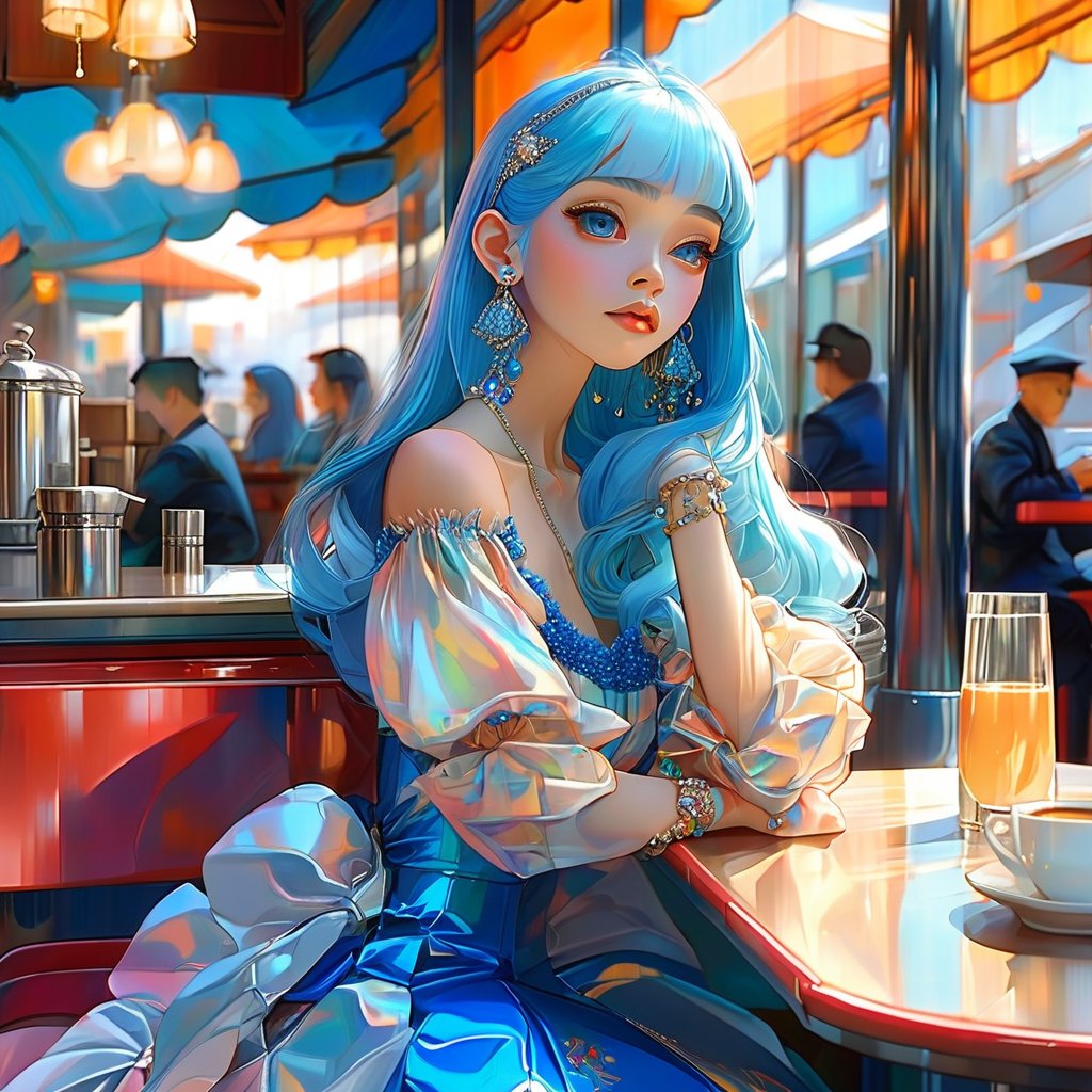 High Quality, focus on A glamour girl, very long blue hair, earrings, glamour dress, sitting in cafe, shiny, by Akihito Yoshida, by Asaf Hanuka, Pastel Art, 2D,