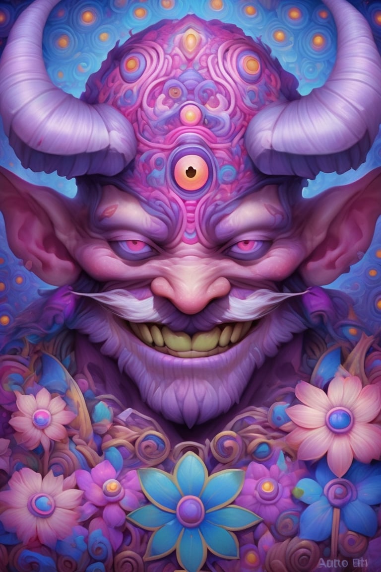 Zentangled portrait of a man with horn and glowing eyes, in flower field, smilling, (naoto hattori, joe Fenton), surrealism, fantasy, reflection, painting, metaphysical, Psychedelic art, (bright colors), super-detailed geometric patterns, symmetrical design, weird art, purple, blue, pink, white, quilling