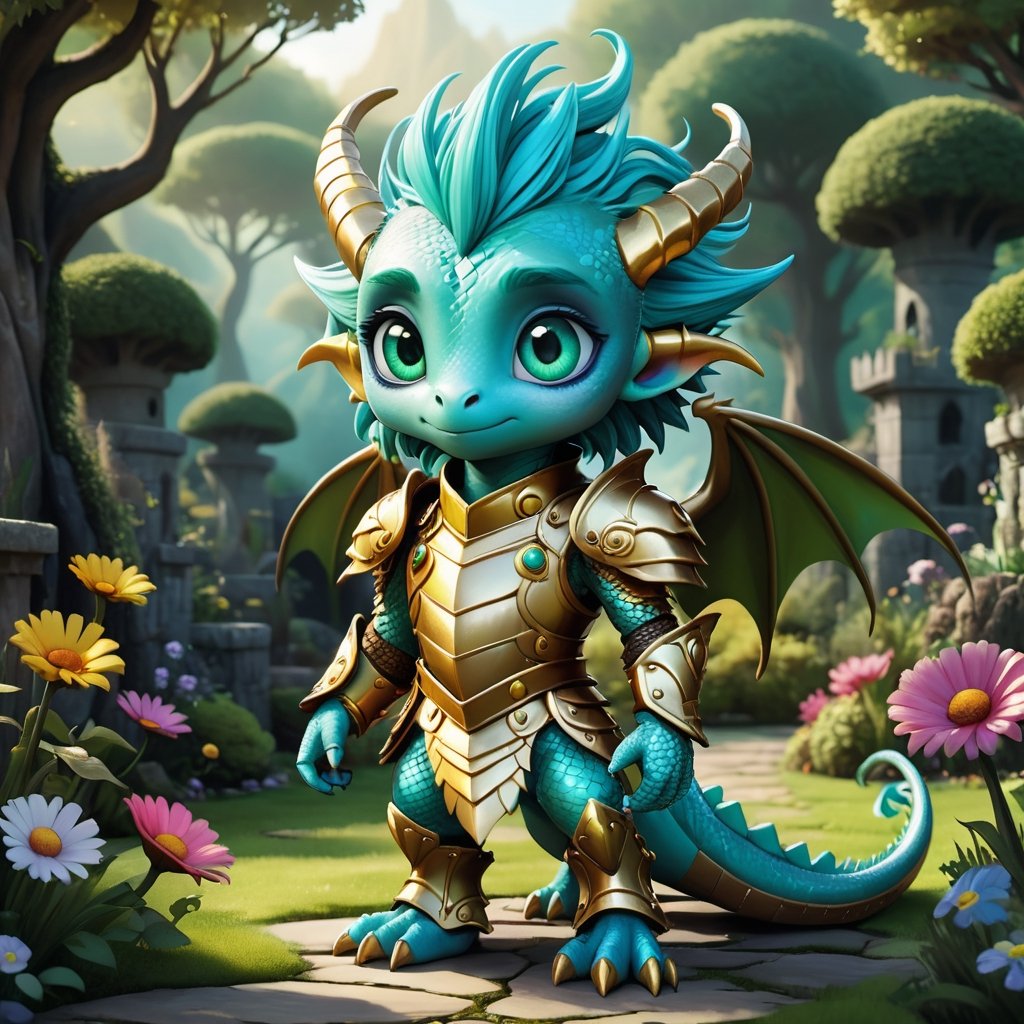 a cute dragon, with gold armor, turquoise hair, big eyes, character design by Tim burton, detailed, anime style, hd, background colorfull garden,