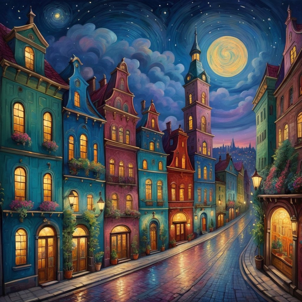 Beautiful whimsical cityscape, whimsical buildings, at night, beautiful sky, lit street, bold colors, In style of Fern Isabel Coppedge, Elia Locardi, Mikalojus Konstantinas Ciurlionis,  elegant, intricate, beautiful, fantastic view, ultra detailed.