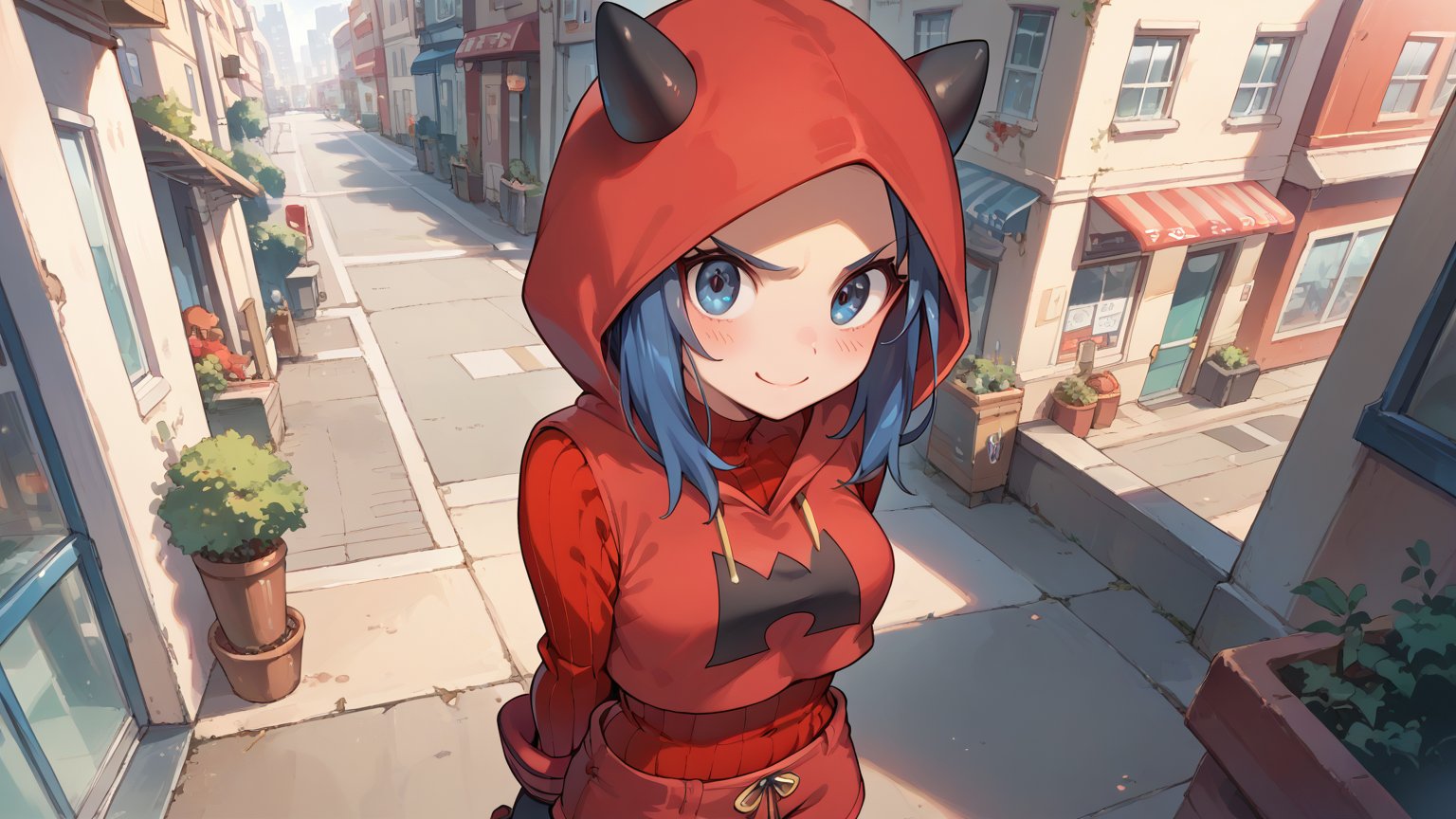 score_9, score_8_up, score_7_up, score_6_up, source_anime BREAK 1girl,  pkmntmg, hood, blue hair, fake horns, red hoodie, turtleneck, ribbed sweater, red shorts, gloves, light smile, blush, from above, arms behind back, city