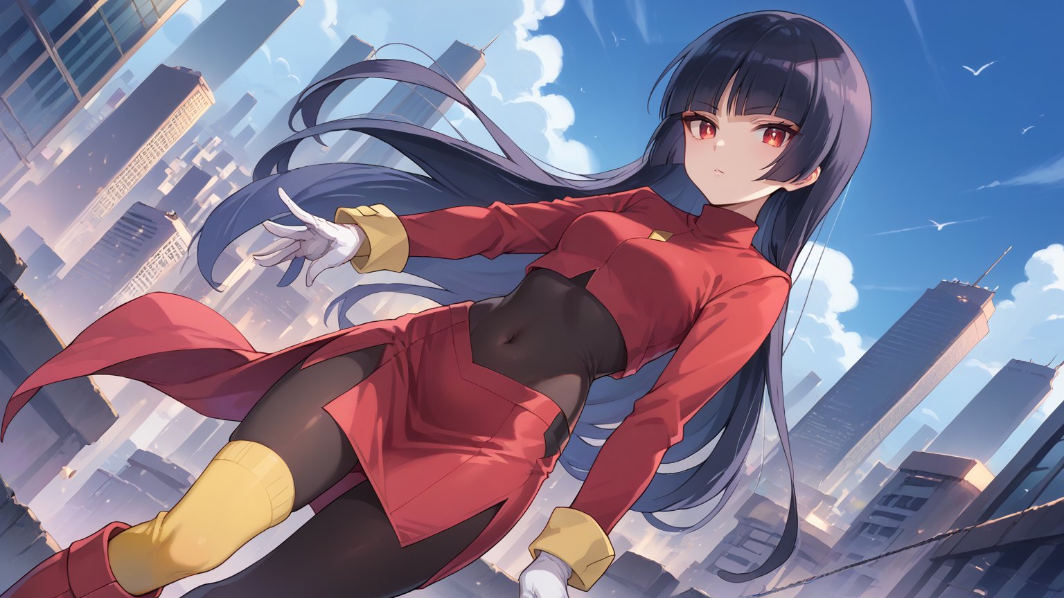 score_9, score_8_up, score_7_up, source_anime,pokemonsabrina, pokemonsabrina, black hair, long hair, bangs, blunt bangs, red eyes, hime cut, sidelocks, white pupils,jacket, crop top, bodysuit, covered navel, midriff, red jacket, turtleneck, side slit, gloves, white gloves, long sleeves, pantyhose, skirt, red skirt, boots, red boots, socks, yellow socks, knee socks,outdoors, cityscape,looking at viewer, cowboy shot, dutch angle,