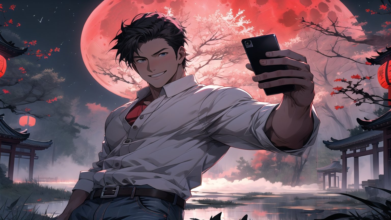 anime young man, ((solo)), manly, male focus,  muscular ,shredded muscle, black hair, wearing casual jeans and a shirt, holding the mobile phone , wandered around the ancient Chinese Countryside, (selfie:1.2), smile, panoramic view,  cowboy shot, scenery, ancient chinese architecture, Countryside, (night),  (fog),  (red moon), ((dark city background)),  ghost passerby, detailed eyes,highly detailed, high resolution,