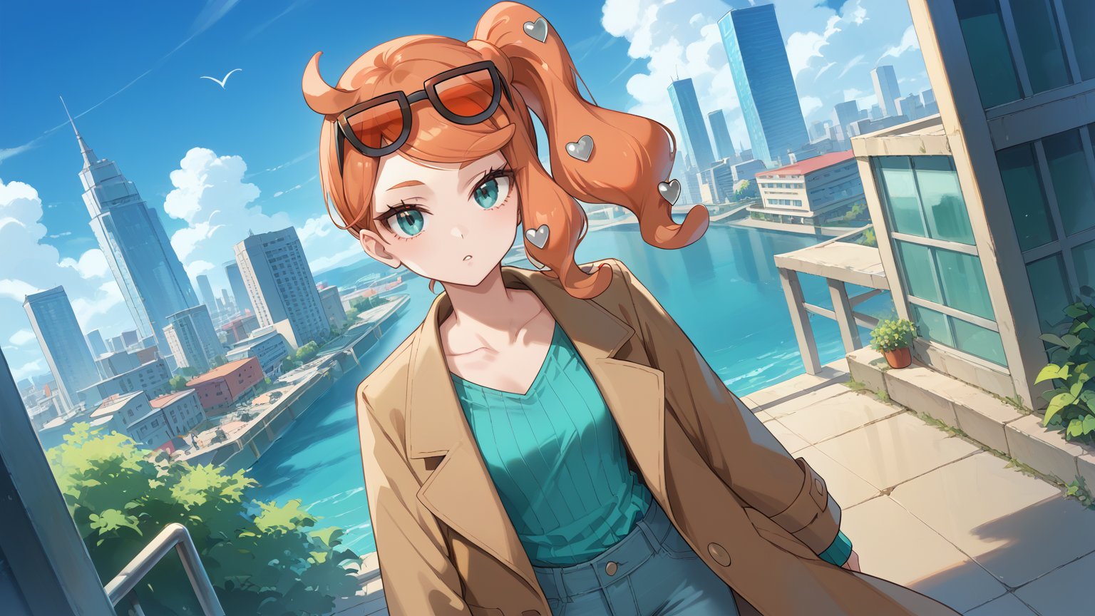 score_9, score_8_up, score_7_up, source_anime,pokemonsonia, pokemonsonia, aqua eyes, heart, heart hair ornament, long hair, long sleeves, orange hair, side ponytail, swept bangs,aqua footwear, aqua nails, aqua shirt, brown coat, brown jacket, coat, collarbone, eyewear on head, jacket, long sleeves, orange-tinted eyewear, pants, ribbed shirt, shirt, sunglasses, tinted eyewear,outdoors, cityscape,looking at viewer, cowboy shot, dutch angle,