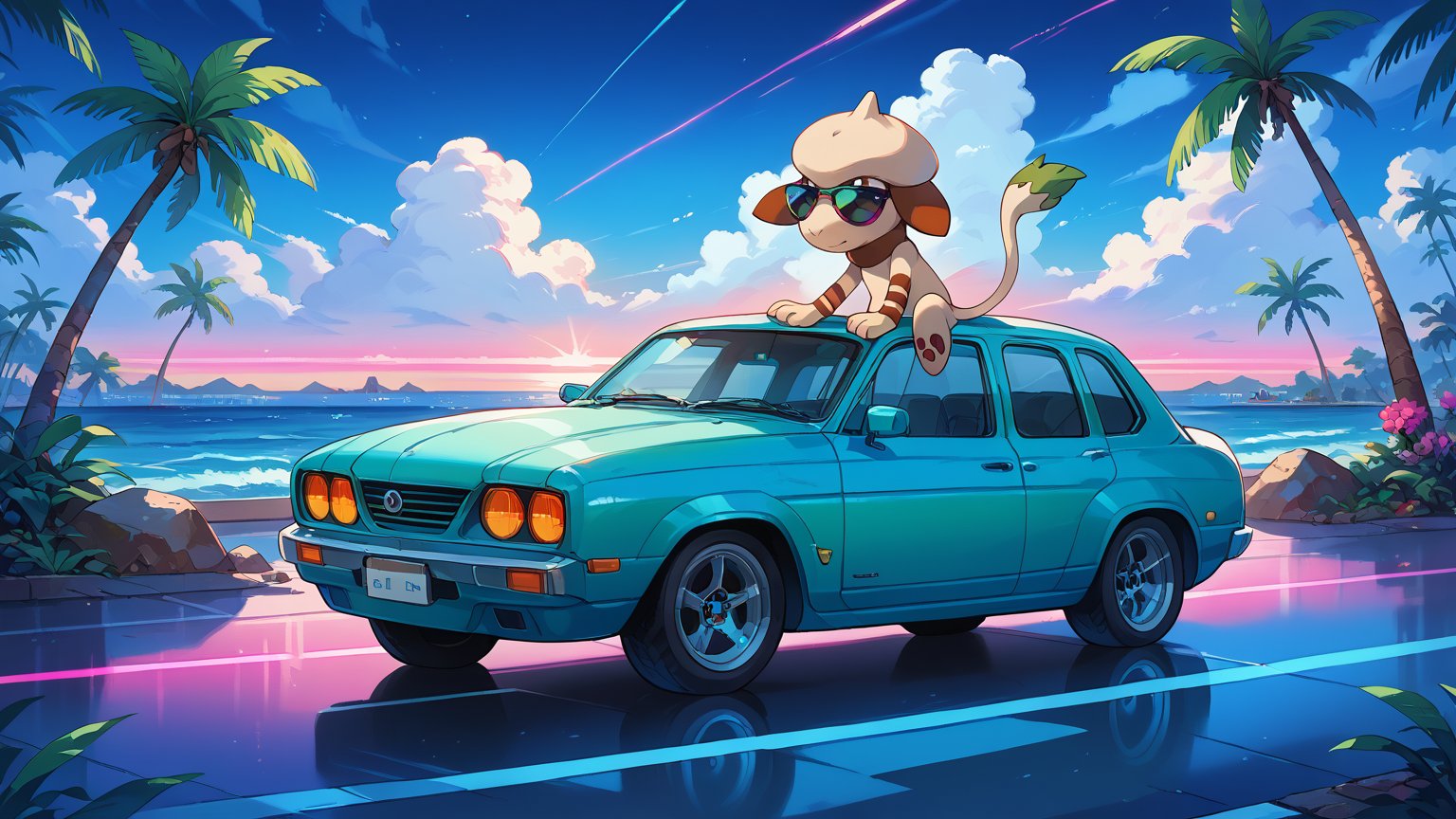 score_9, score_8_up, score_7_up, score_6_up, source_furry, dof, full-length portrait, solo, synthwave-galaxy, car, shoreline, palm trees,  smeargle, pokemon (creature), green_tail_tip, cowboy shot, wearing sunglasses, side view, sitting on car