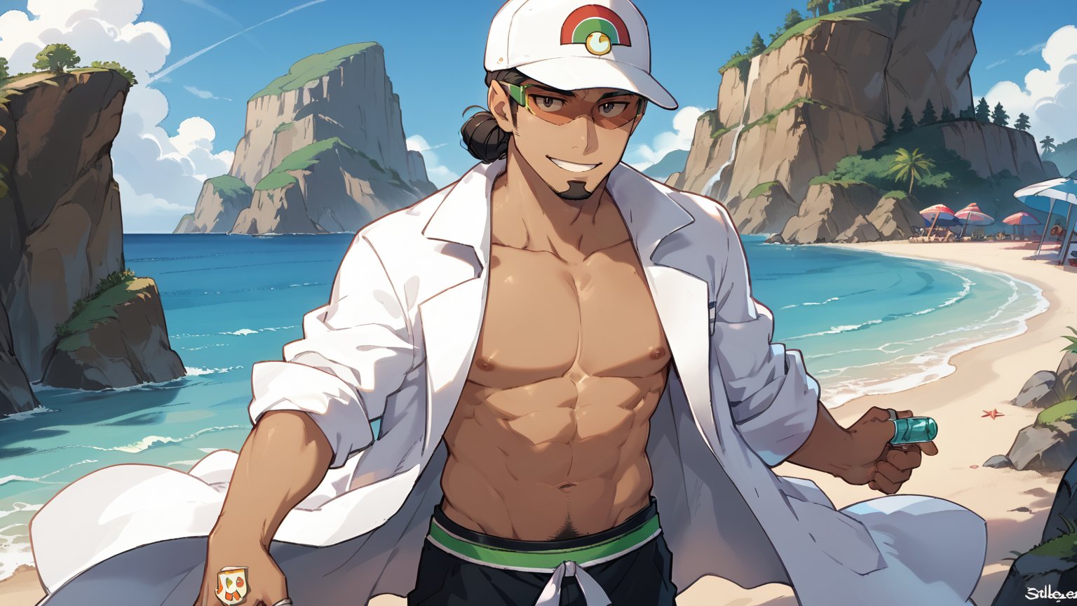 score_9, score_8_up, score_7_up, score_6_up, source_anime, beautiful eyes, male focus, looking at viewer, 1boy, smile, flom befront, kukui, black hair, black eyes, dark skin, single hair bun, goatee, guy, toned male, (muscular:0.7), (abs:0.7), (pecs:0.8), sunglasees, ring, labcoat, open coat, hat, baseball cap, Beach, rocky cliffs,