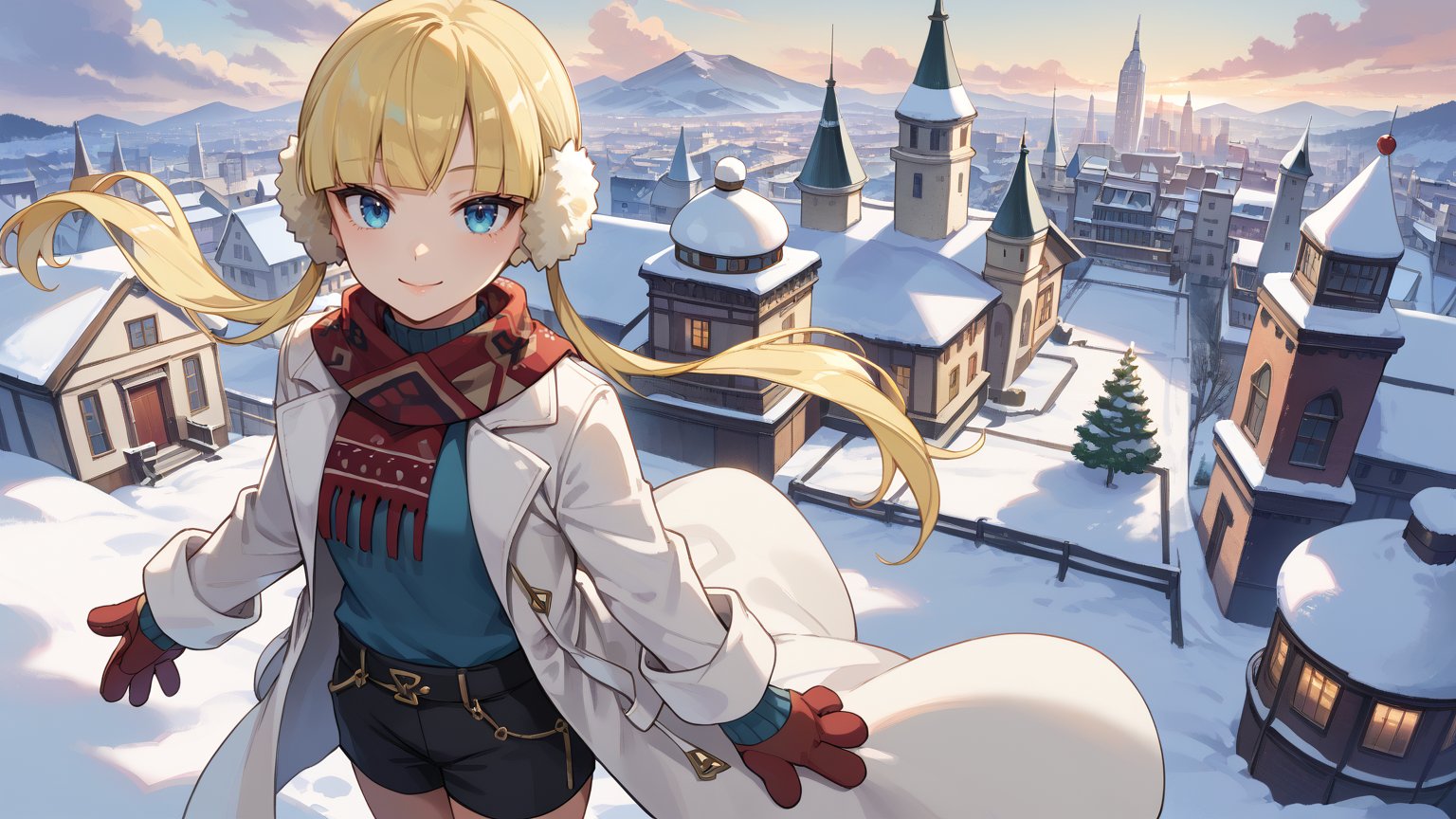 score_9, score_8_up, score_7_up, score_6_up, source_anime, beautiful eyes, masterpiece, best quality, BREAK,  palElesa, blonde hair, earmuffs, twintails, red scarf, white coat, blue shirt, black shorts, cowboy shot, looking at viewer, winter, cityscape, snow, from above, smile, mittens