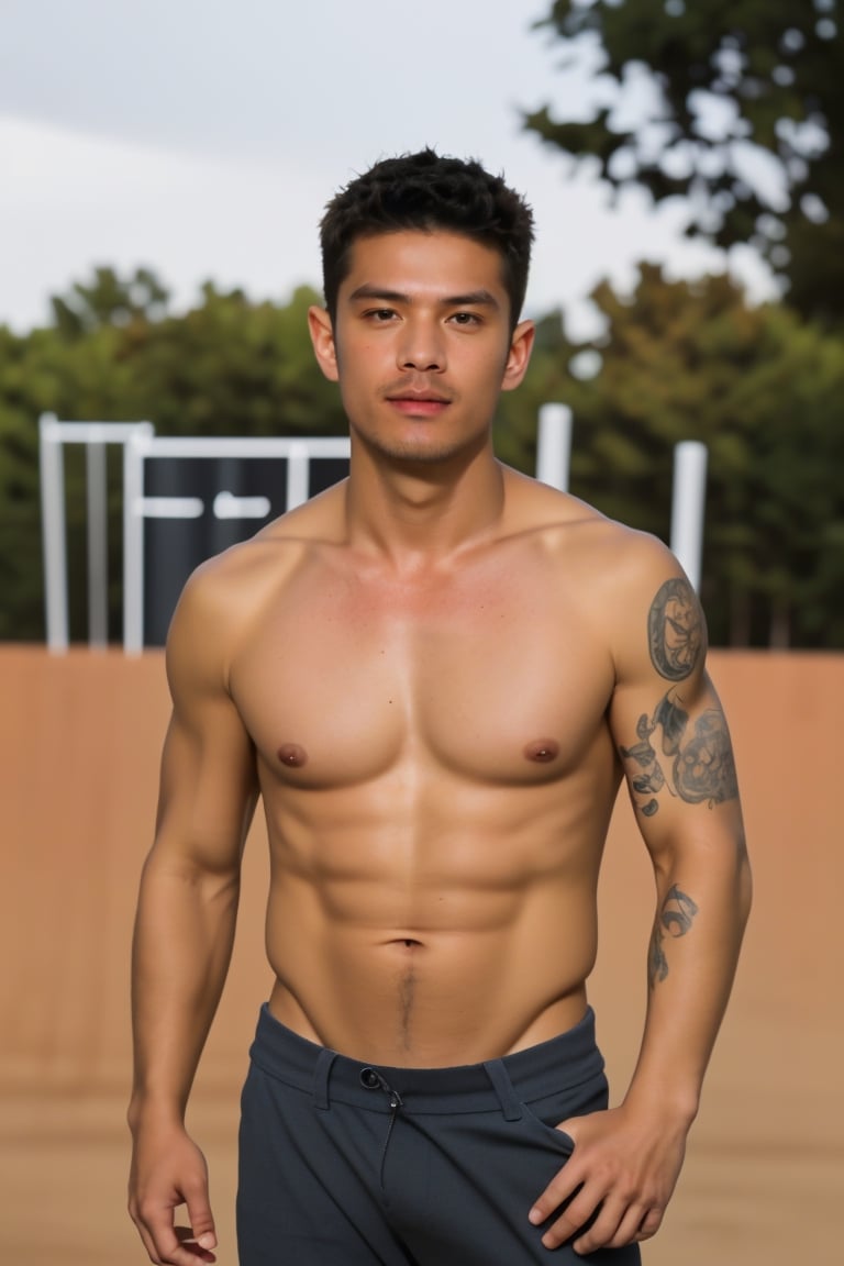 Lifelike, Confident, sexy, young, chinese, masculine, muscular male, short dark brown color hair, in gym attire, topless, tanned, brown eyes, bright sunny nature outdoors background,jean_kirstein,3k0,man,handsome Italian