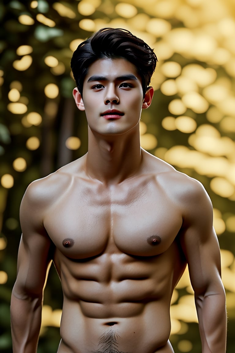 Realistic, Confident,  sexy,  young,  chinese,  muscular male,  short dark brown color hair,  in gym attire,  topless, tanned skin, brown eyes,  sunny,  nature outdoors background