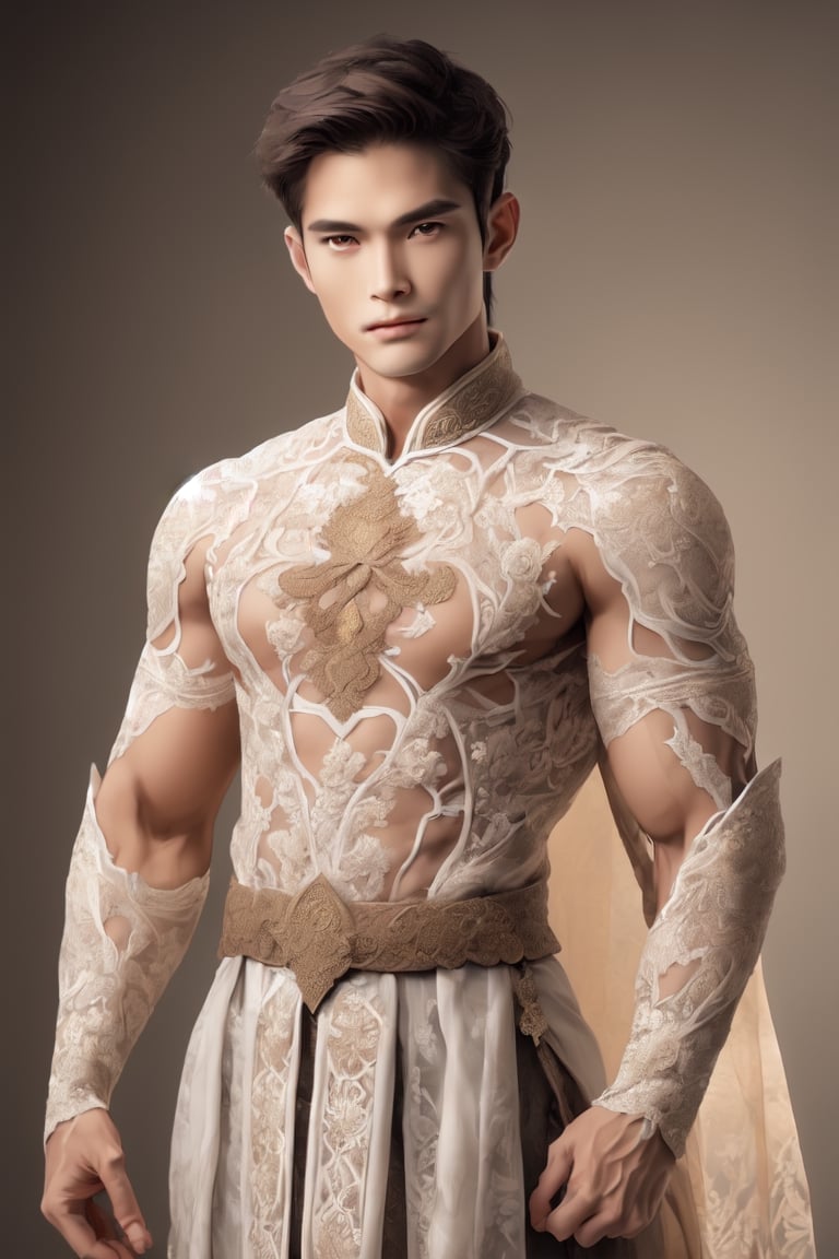 chinese male, superhero, dark brown hair, brown skin, brown eyes, light radiating from body,Thai Dress