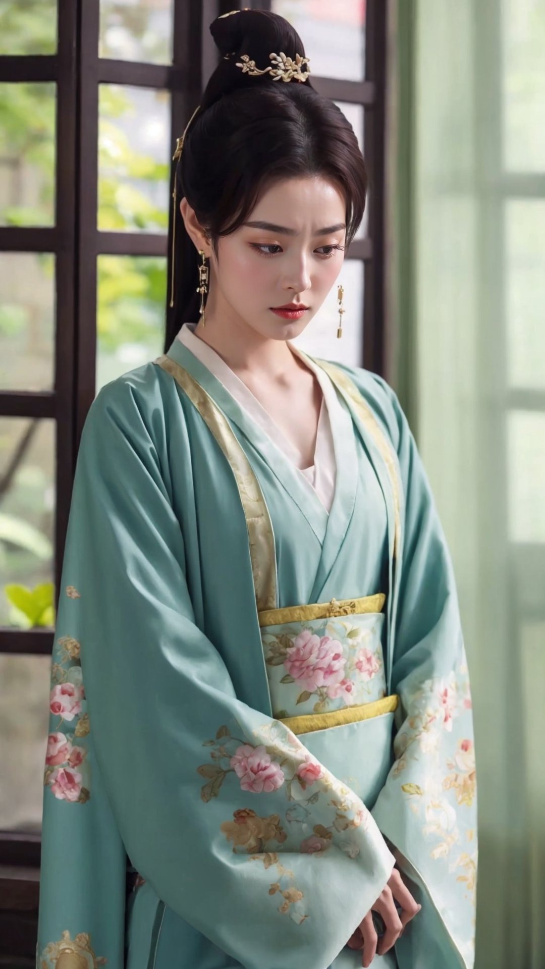 tienhiep, hanfu,
fairy hanfu, 1girl, solo, black hair, hair ornament, long sleeves, jewelry, upper body, earrings, indoors, wide sleeves, hair bun, blurry, lips, looking to the side, window, blurry background, looking away, chinese clothes, own hands together, curtains, realistic, hanfu, tienhiep