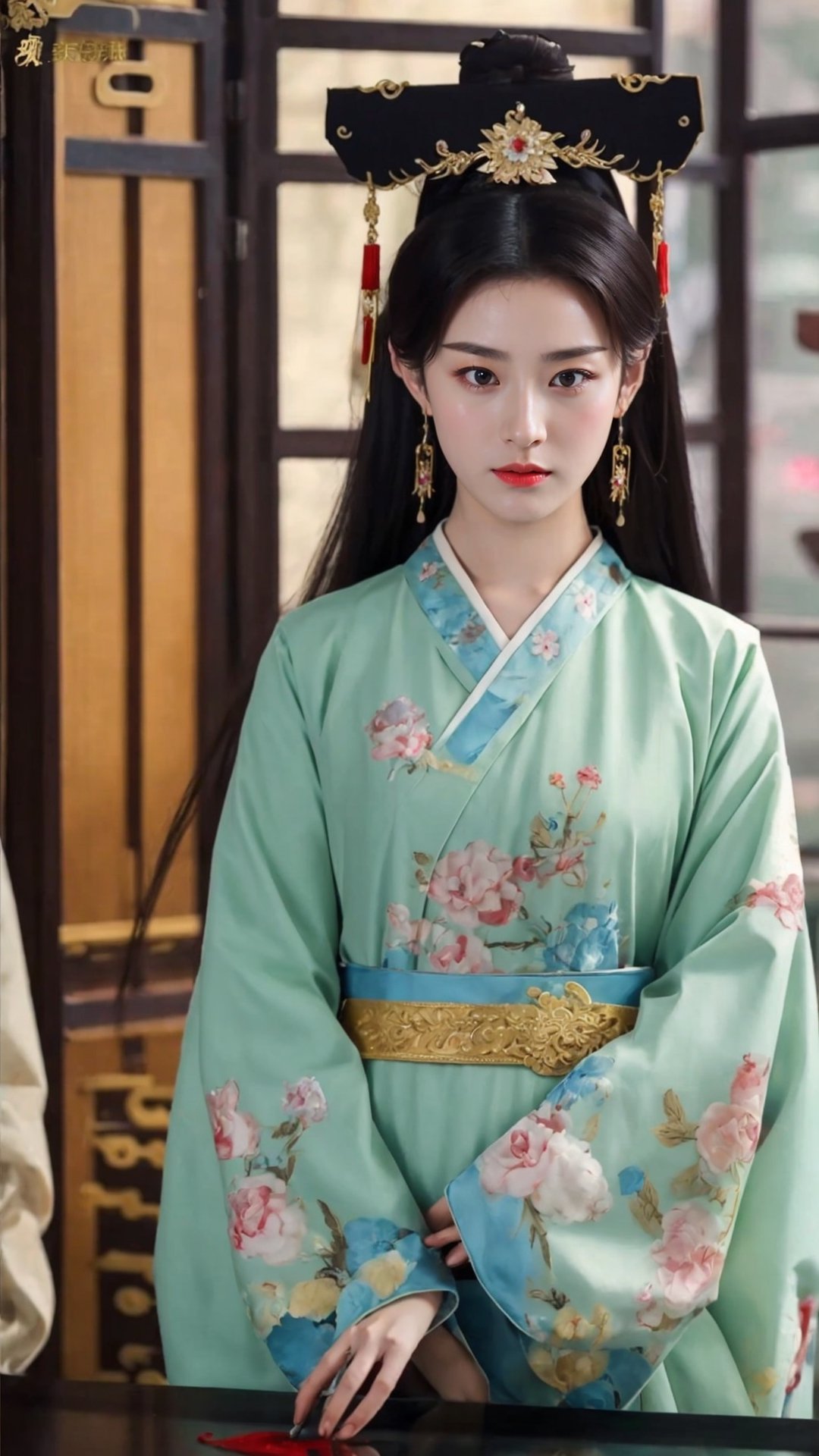 tienhiep, hanfu,
fairy hanfu, 1girl, solo, long hair, black hair, hair ornament, long sleeves, jewelry, earrings, wide sleeves, black eyes, lips, blood, chinese clothes, realistic, hanfu, tienhiep