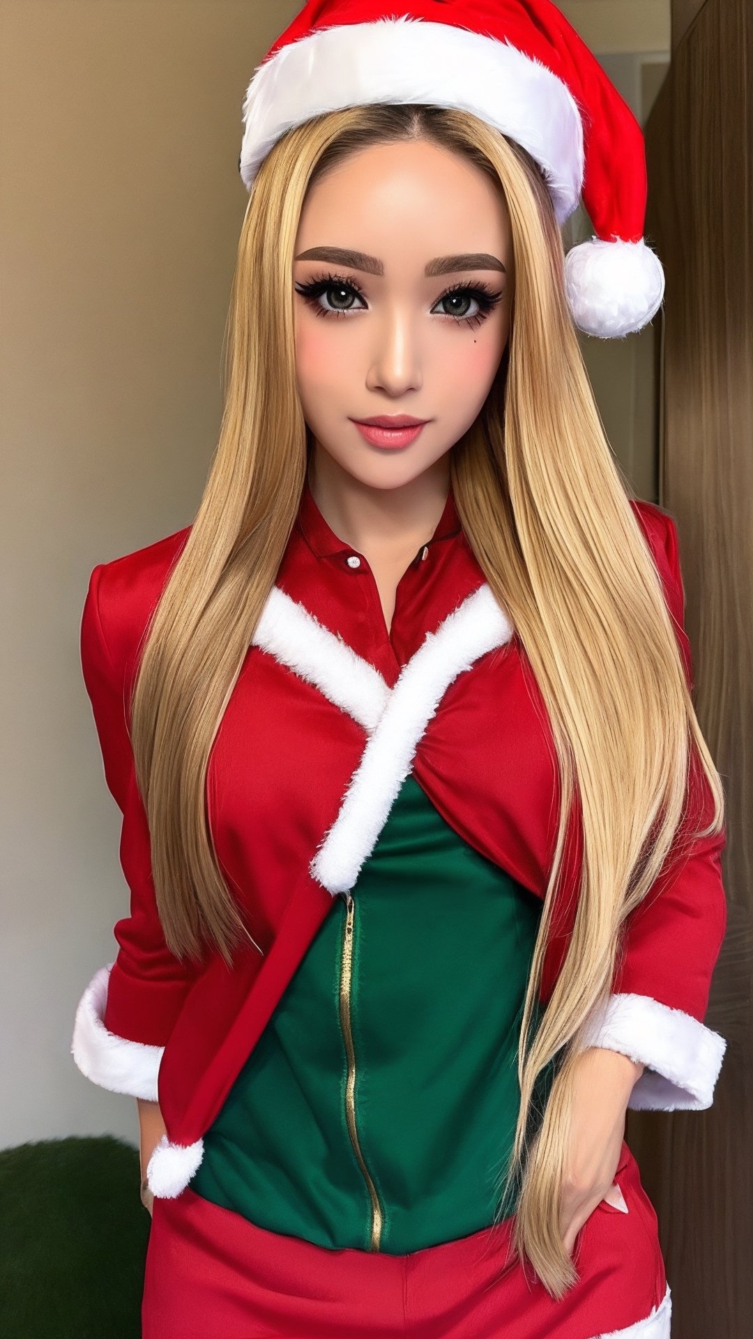 masterpiece,  best quality,  1girl,  solo,  gakuran,  christmas hat, christmas suit, long hair,  Naruto uzumaki,  long blonde hair,  spiked hair , n4rut0, facial mark,  forehead protector,  konohagakure symbol,izumi ran,transgirl