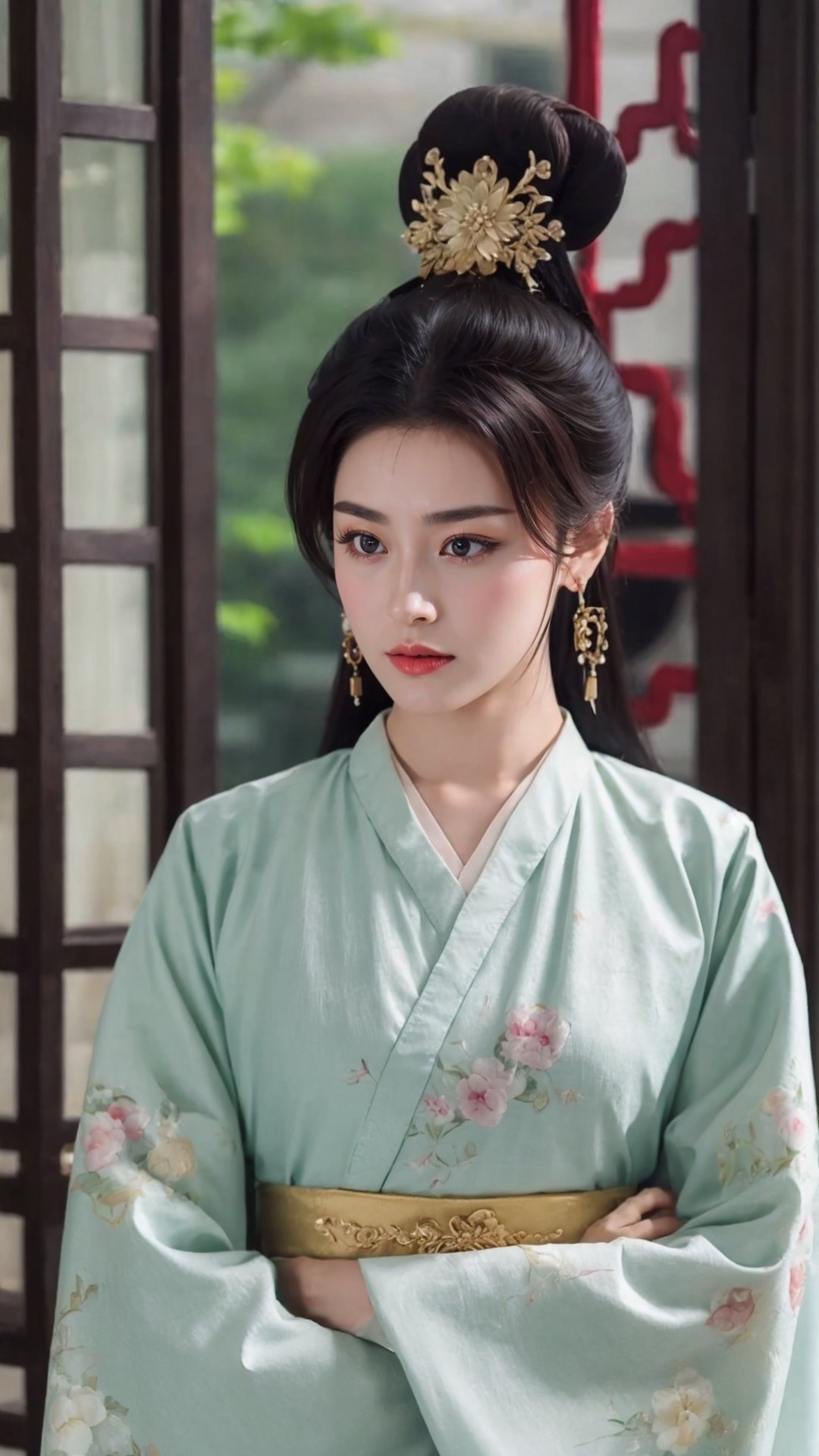 tienhiep, hanfu,
fairy hanfu, 1girl, solo, black hair, hair ornament, long sleeves, jewelry, upper body, earrings, indoors, wide sleeves, hair bun, blurry, lips, looking to the side, window, blurry background, looking away, chinese clothes, own hands together, curtains, realistic, hanfu, tienhiep