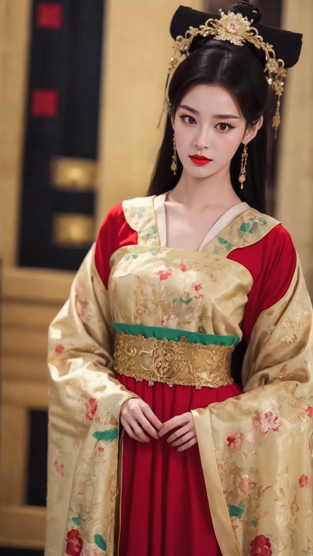 tienhiep, hanfu,
fairy hanfu, 1girl, solo, looking at viewer, black hair, hair ornament, dress, blurry, black eyes, makeup, blurry background, red dress, realistic, red lips, tienhiep