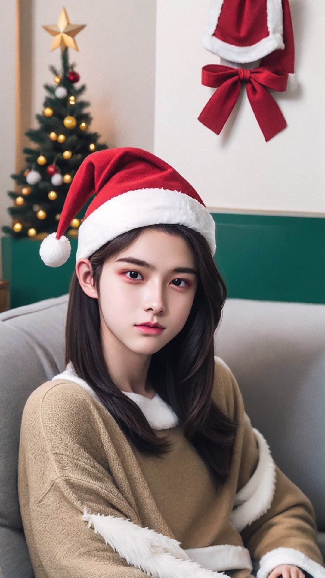 wallpaper character,
1girl, solo, (full body), santa suit, christmas_hat, 1girl, solo, telephoto lens, exquisite facial features, perfect face, glowing skin, long hair,kpop,boy,chinatsumura,young man