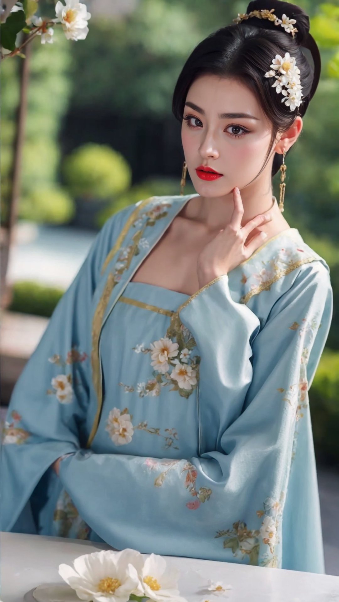 tienhiep, hanfu,
fairy hanfu, 1girl, solo, looking at viewer, black hair, hair ornament, blue dress, jewelry, upper body, flower, earrings, artist name, hair flower, blurry, black eyes, lips, eyelashes, makeup, blurry background, chinese clothes, white flower, gem, realistic, red lips, tienhiep