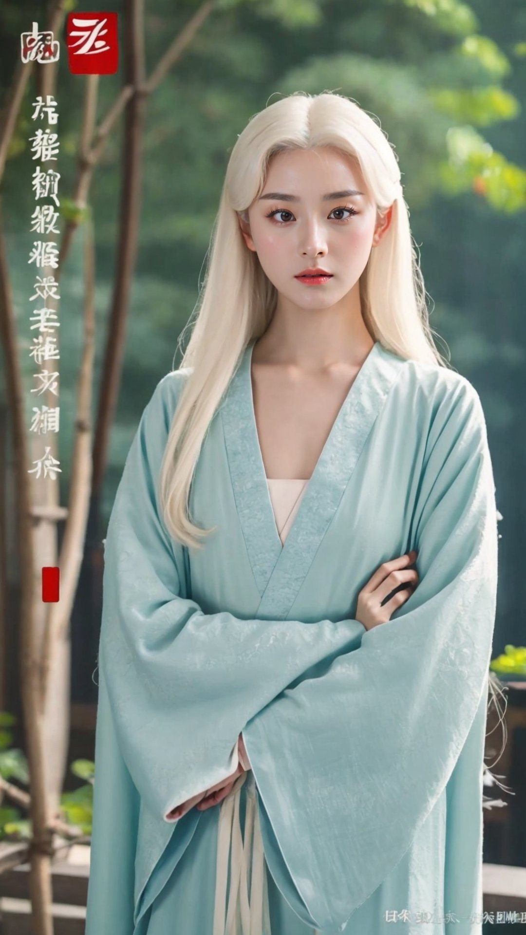 tienhiep, hanfu,
fairy hanfu, 1girl, solo, long hair, red eyes, closed mouth, white hair, japanese clothes, blurry, lips, copyright name, blurry background, realistic, chinese text, logo, albino, tienhiep