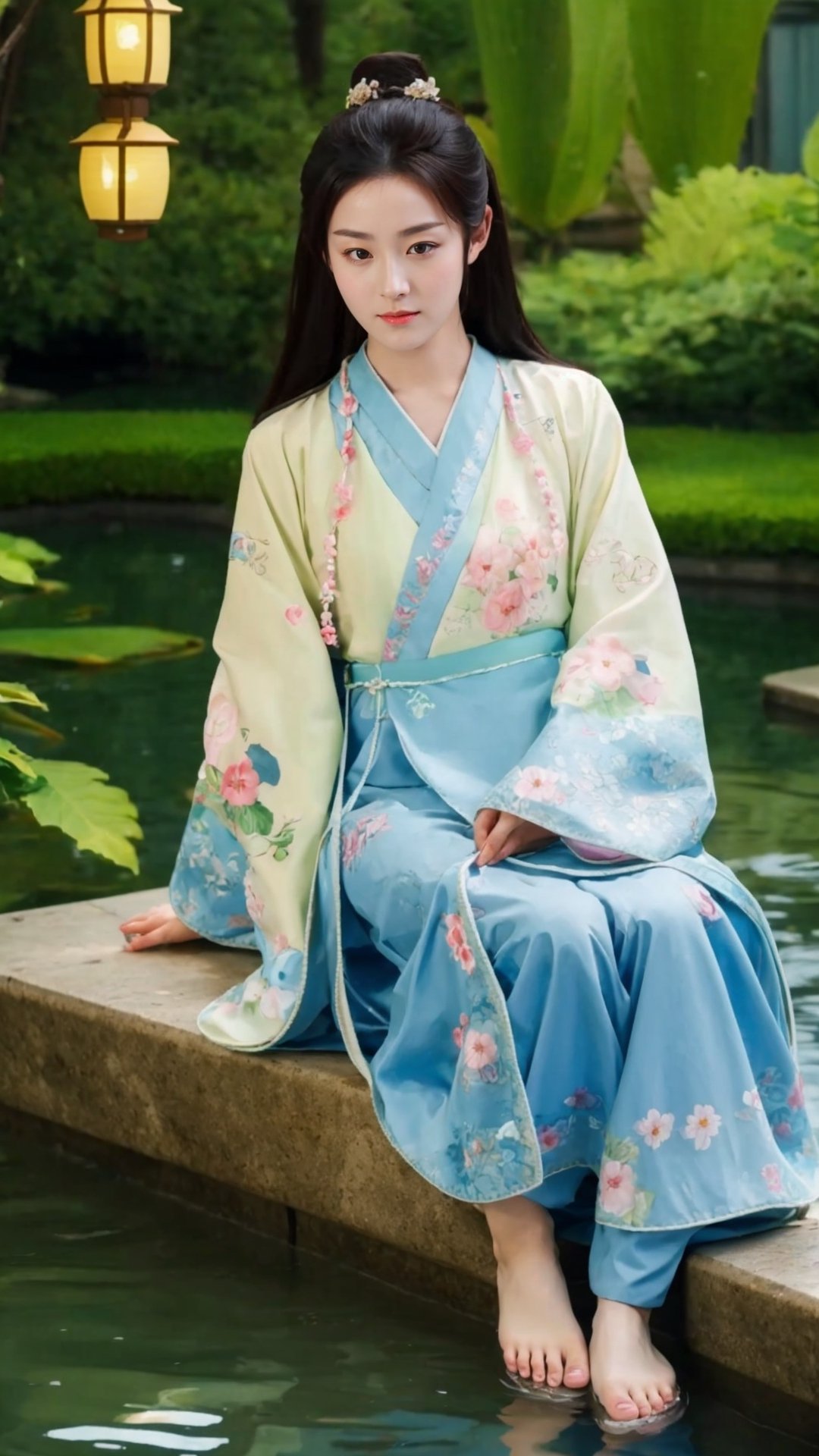 tienhiep, hanfu,
(Hands:1.1), better_hands, realhands
1girl, solo, long hair, black hair, sitting, flower, barefoot, water, from above, head rest, lantern, realistic