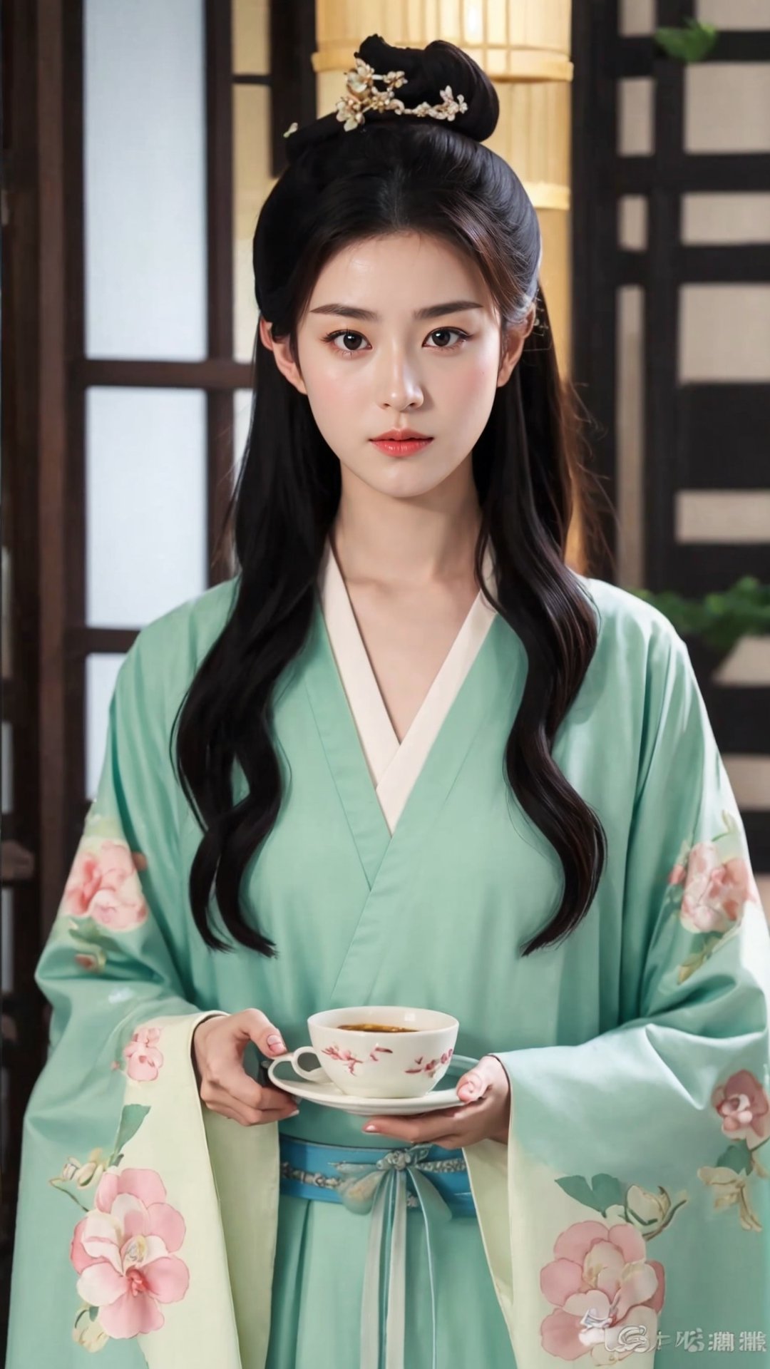 tienhiep, hanfu,
fairy hanfu, 1girl, solo, long hair, looking at viewer, black hair, holding, upper body, japanese clothes, indoors, wide sleeves, kimono, black eyes, cup, lips, window, copyright name, watermark, holding cup, realistic, sakazuki, choko (cup), tienhiep