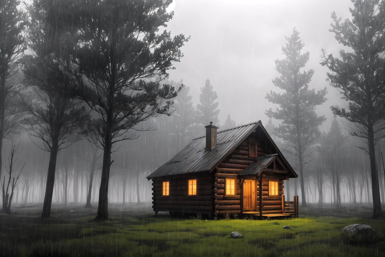 Wooden cabin in the middle of grassland at the rainy and foggy day, breeze atmosphere, magnificent view, serene forest around, dark to light, high_res, midjourney