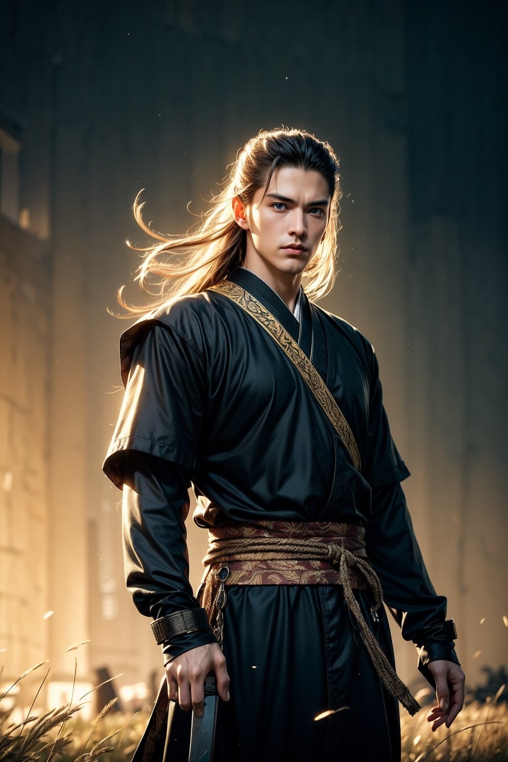 A handsome young male warrior with long white hair, blue eyes, wearing a black Japanese ninja warrior outfit, stand on the long grass field, weapon, sword, golden hour, epic background, into the dark, deep shadow, cinematic, masterpiece, best quality, high resolution