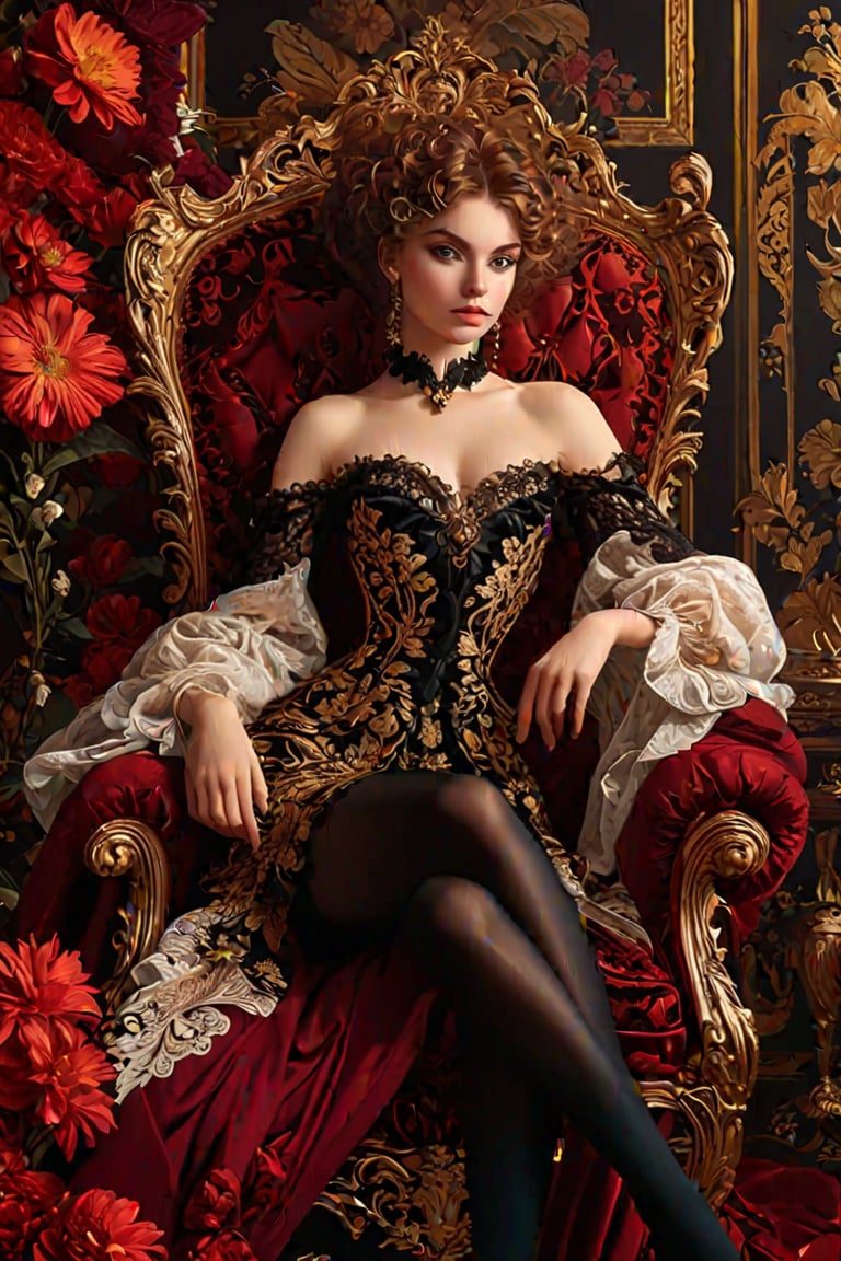  (Gustav Klimt and Mucha and Caravaggio style artwork),art_booster, flat illustration of a beautiful student model sitting on a fancy chair in a luxury boroque rococo apartment. ((best quality)), a close up burgundy/black line art of a beautiful young diva in ecstacy over surrounded by flowers and dark shadowy smoke from Firebird. The art includes. The artwork should be centered, stylized, and elaborate, with a beautiful outfit, gorgeous eyes, and a dynamic pose. rendered in 8K resolution for high-quality detail.,ncg,, burgundy, upper body, ((tights with sparkling lace))