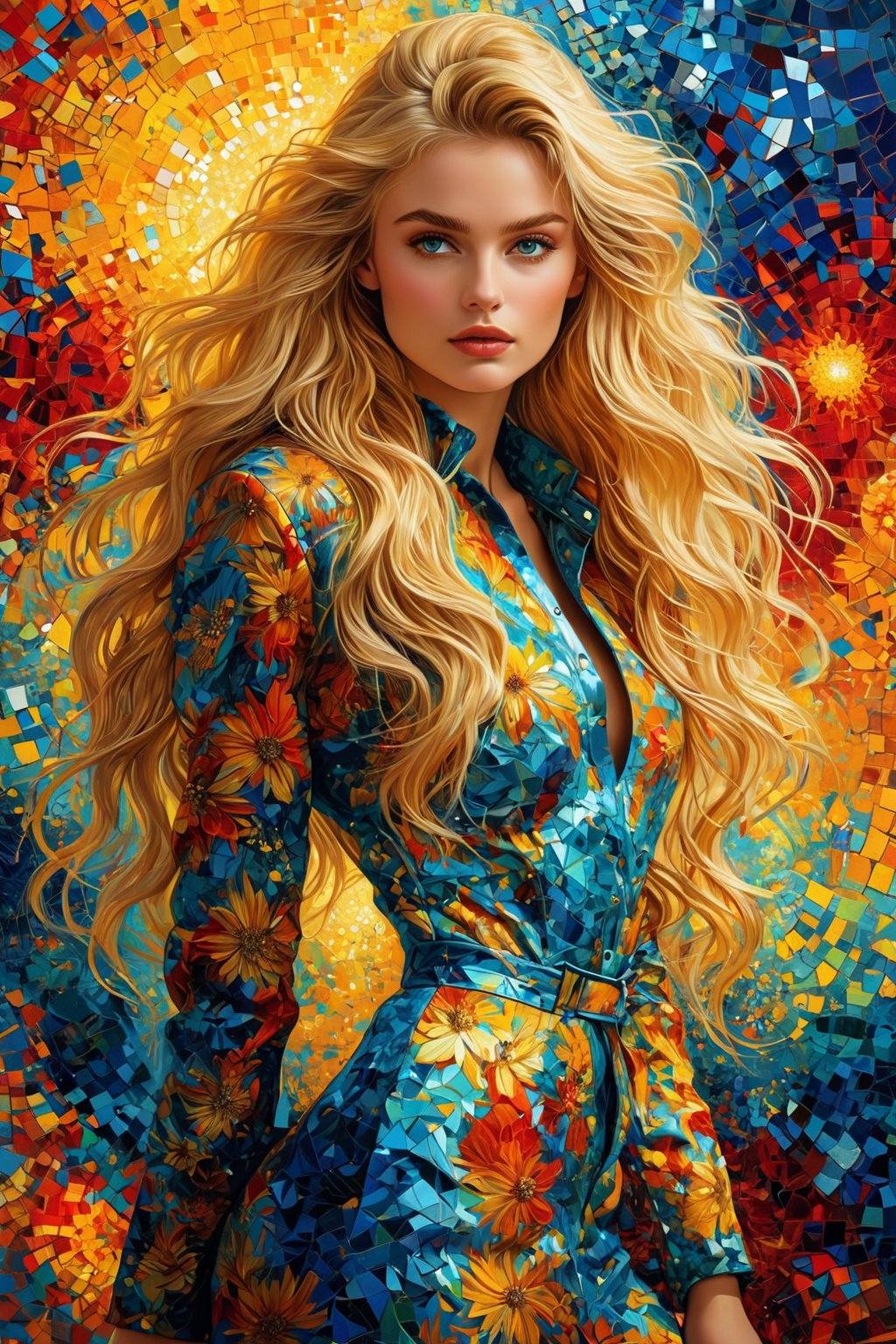 ((extremely perfect detailed)), Masterpiece, HD, 16K, A captivating minimalist illustration of a 20-year-old blonde beauty. A provocative image of a woman with tousled hair and a daring outfit, posed against a vibrant, abstract mosaic pattern, highlighted by fractal elements. van gogh art style pattern, ((the only one solo main heroine standing away in all human height)), (solo:1.9), , ((the only one solo main heroine standing away in all human height)), ((looking_at_camera)). (perfect fashion dynamic standing pose), multicolor