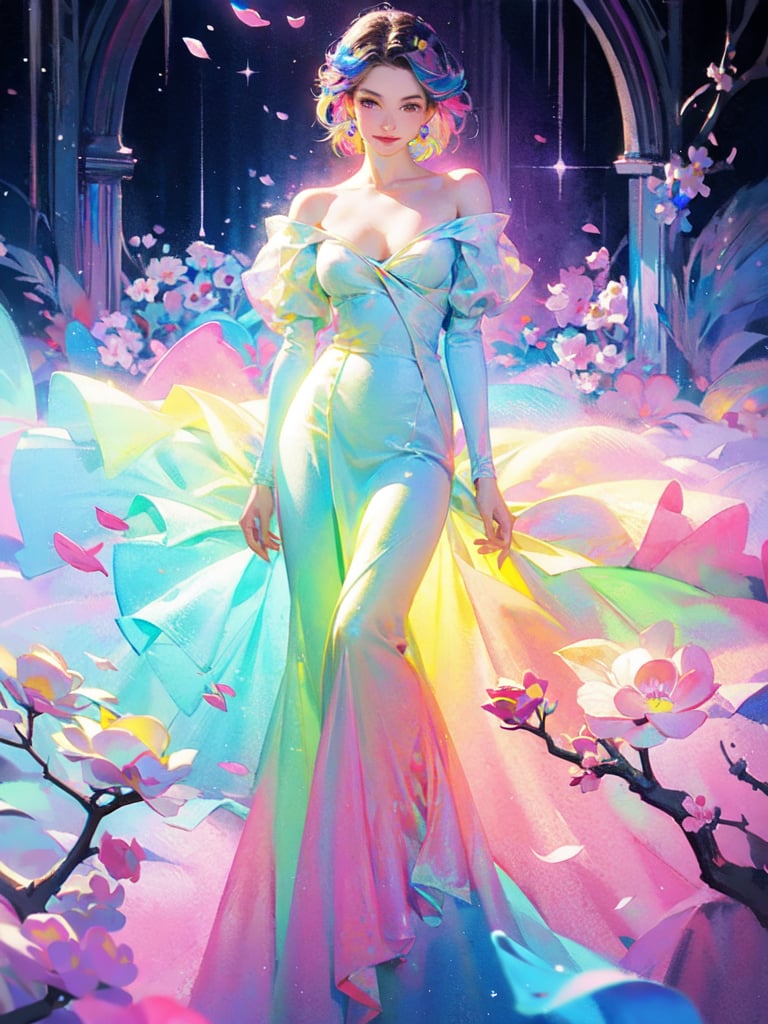 masterpiece, Highest quality, Intricate details, Excellent anatomy、beautiful girl, Sparkling eyes, Otherworldly liquid fantasy background, watercolor, Bright and vibrant colors, Whimsical, colorful, Layered tiered puffy long sleeve ball gown, (( background is many colorful petals)), (abstract colorful multicoloured flower field), (by Tyler Shields and Brandon Woelfel), Perfect model pose 