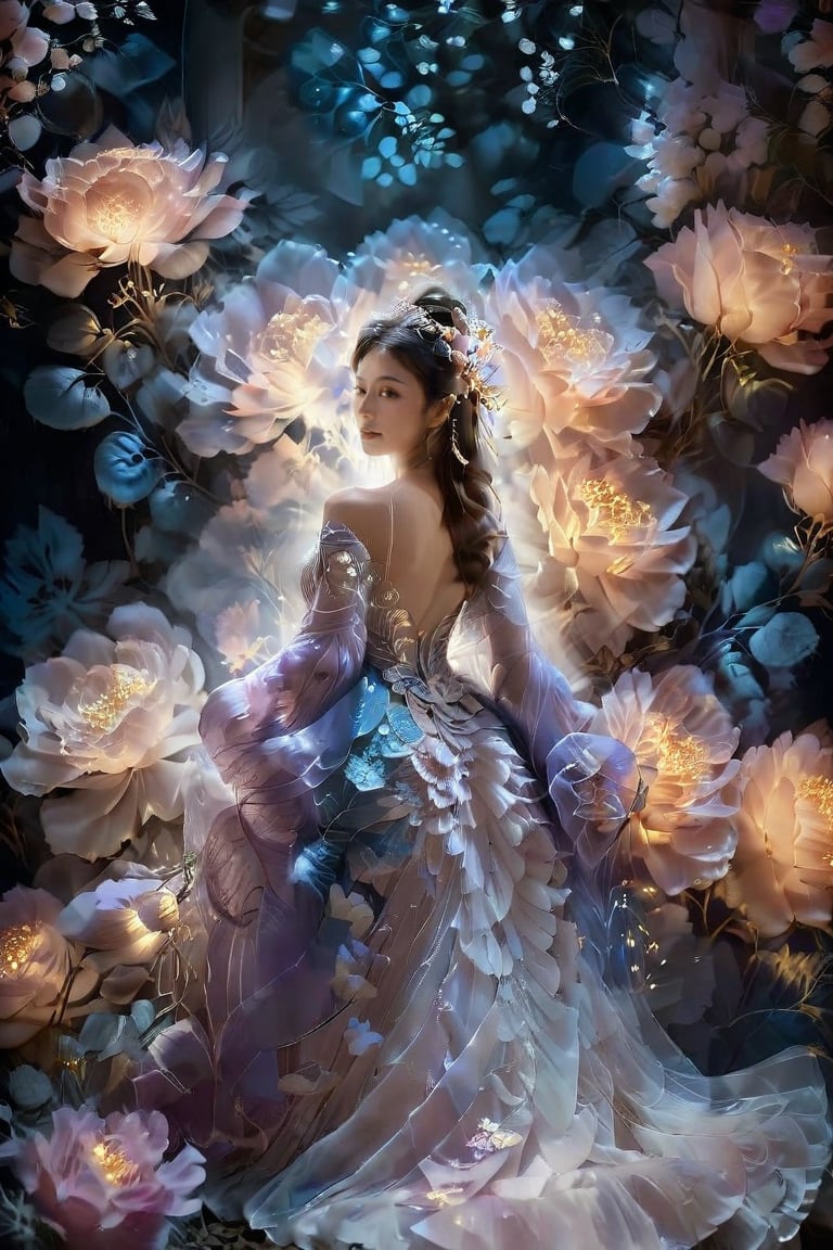 Ultra-detailed photos. An artistic work shows a woman dressed in a fine costume and holding a bouquet of flowers. Her dress was elegant, and the layers of swarthy fabric resembled flower petals. A bunch of flowers flows from the back of the woman, creating a wing-like effect. The overall color palette is soft, with lilac, blue and white as the main themes, giving the work a dreamy and tranquil quality. The background is dark, but there are rays of light around the woman, highlighting her silhouette and details of her skirt and flowers.