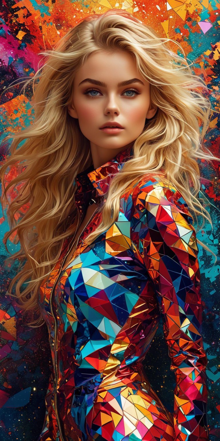 ((extremely perfect detailed)), Masterpiece, HD, 16K, A captivating minimalist illustration of a 20-year-old blonde beauty. A provocative image of a woman with tousled hair and a daring outfit, posed against a vibrant, abstract mosaic pattern, highlighted by fractal elements. ((the only one solo main heroine standing away in all human height)), (solo:1.9), , ((the only one solo main heroine standing away in all human height)), ((looking_at_camera)). (perfect fashion dynamic standing pose), multicolor