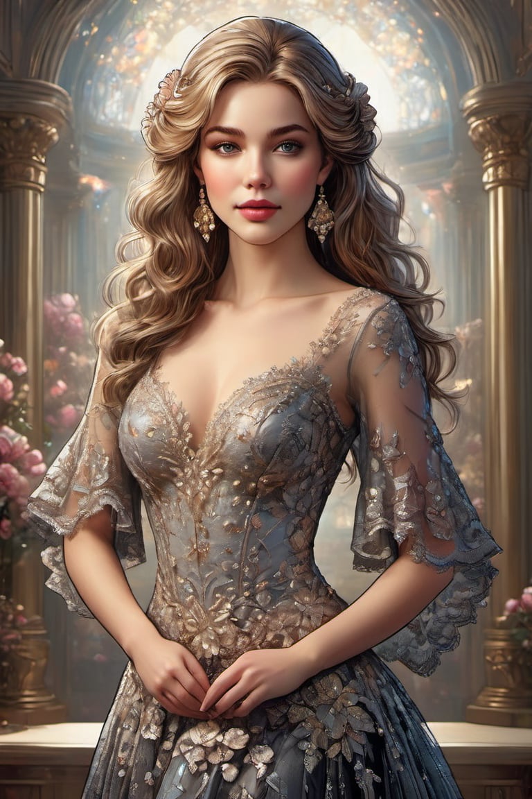 (Extremely detailed ), (every detail in perfect sharp focus), (masterpiece), (stunningly soft light evenly illuminating the entire face and body), (away, one body),  (perfect realistic body proportions:1.5), perfect detailed hands fingers, ((detailed realistic form of hair, wavy golden_blonde or black hair growth)), (baby_face_woman, young lady:1.9), (half_transparent puffy sleeves), (extremely detailed modern design of evening dress), (extremely detailed lace), 
(detailed florals), (detailed  sparkling shining glittering crystals diamond minerals), (perfect detailed jewelry:1.9), (sparkling translucent jewelry), (soft sparkling  particles highlights dust bokeh), (dark background behind women), ((black and gold)), 
(European ink  illustration), (2d line art), concept art, Decora_SWstyle,  (art nouveau), (extremely detailed decorative gold frame of art nouveau),holographic, ((extremely detailed)), ((perfect detailed eyes and face)), CoG_v2, (detailed hair), " I've been much too far out all my life and not waving but drowning". Gustave Doré, Jasmine Becket-Griffith, full body, (line art), (detailed, detailed florals, crystals, minerals), (perfect detailed jewelry:1.9), masterpiece, pure perfection , sharp focus,Decora_SWstyle,ink, (art nouveau), (baby face woman, young lady:1.9), (half visible puffy sleeves), (dark background behind women), (modern design dress), ((black and gold)), ((away upper body)), (gold frame of art nouveau),Beautiful female, masterpiece, best quality,highres, 1girl, look_at_viewer, tall, perfect stature, liuli,bangs, chromatic dispersion, tansparent_plastic, coloured glaze, Polychromatic prism effect, iridescence/opalescence, glowing colors, aluminum foil, Glowing ambiance, (masterpiece, ultra-realistic, best quality, high resolution, high definition), (Extremely detailed), (In a luxurious nighttime wedding scene, a young, beautiful woman is portrayed in a stunning black lace wedding dress, showcasing intricate brocade patterns that exude elegance. The setting is illuminated by soft moonlight and ambient wedding lights, creating a warm and inviting glow. Her messy hairstyle, a blend of blonde and brown strands, adds a touch of romance and sophistication. She has smooth, fair skin with a warm, radiant glow, complemented by a straight, slightly upturned nose, full lips, and a large, expressive eye gazing thoughtfully. Her prominent cheekbones and slightly pointed chin enhance her striking features, framed by a slightly long and high face. The night atmosphere, with vibrant colors and high contrast, emphasizes the cinematic lighting and photorealistic details of the scene, capturing the essence of their dynamic pose and introspective expressions. The image is rendered in 8K resolution, showcasing a realistic representation of the female figure and the romantic, fashionable essence of their special night.Keywords: luxurious, nighttime wedding), (Layered tiered puffy ball gown with layered semi-transparent gauze skirt with), (three-dimensional lace details) black lace dress, brocade, romance, fashion, elegant, high contrast, photorealistic, cinematic lighting, 8K, realistic representation, female figure. (2d line art:1.9), (cute v shape face), (sparkling shining crystal beaded curtains, crystals_vines), ((ceremonial portrait:1.9)), (by Greg Manchess and Miles Aldridge)