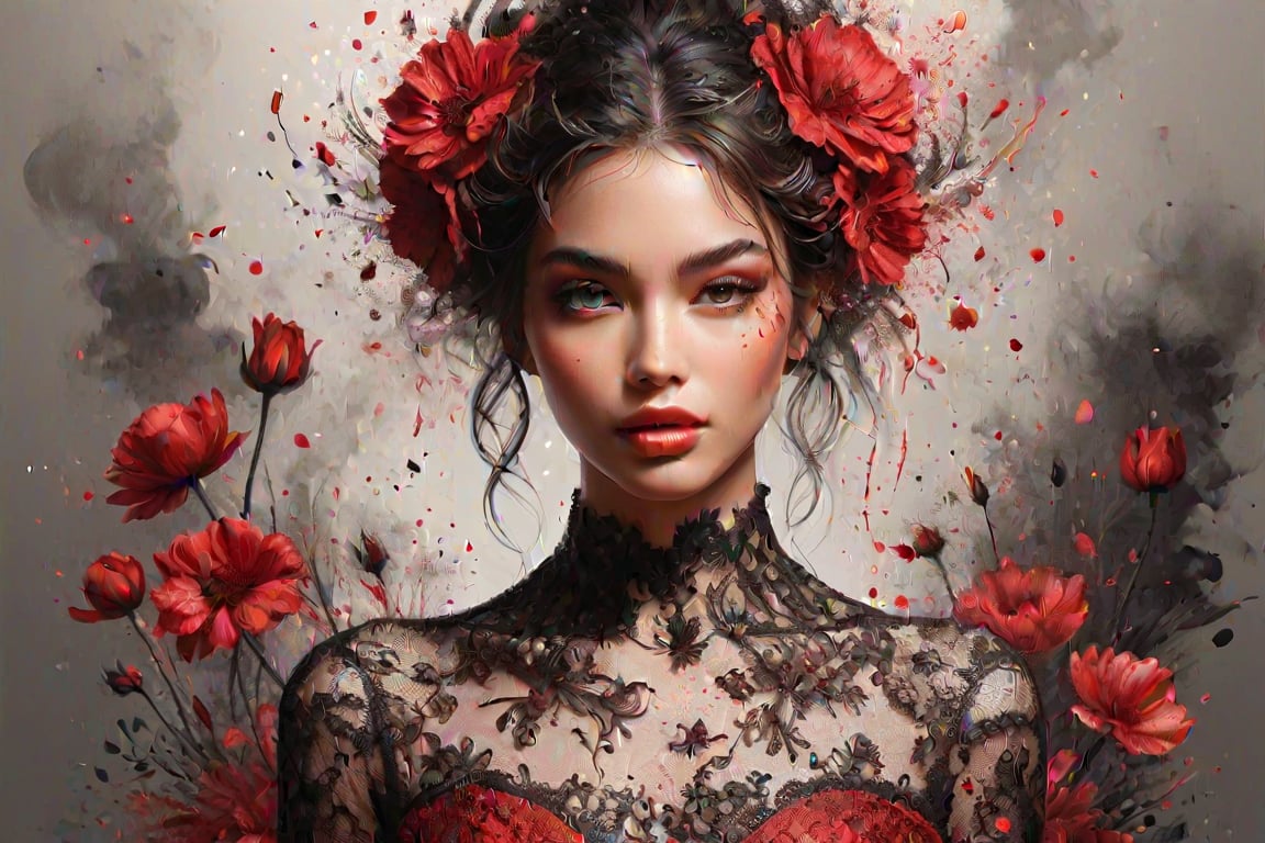 ((best quality)), a close up red/black line art of a beautiful young diva in ecstacy over surrounded by flowers and dark shadowy smoke from Firebird. The art includes splatter drippings, paper texture, palette knife painting. The artwork should be centered, stylized, and elaborate, with a beautiful outfit, gorgeous eyes, and a dynamic pose. rendered in 8K resolution for high-quality detail.,ncg,, upper body, ((solo standing away in all human height)), (extremely detailed lace), ((standing between behind red flowers))