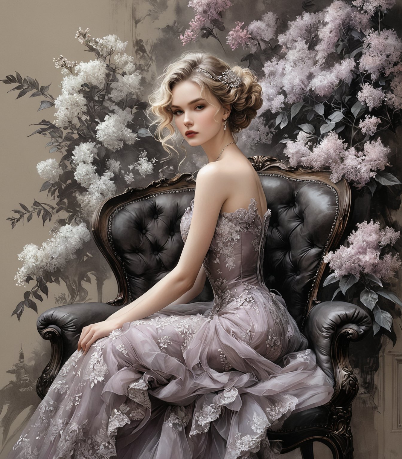 ((extremely perfect detailed)), Masterpiece, HD, 16K, (Gustav Klimt and Mucha and Caravaggio style artwork),art_booster, flat illustration of a beautiful student model sitting on a fancy chair in a luxury boroque rococo apartment. A Rococo sausage curls hairstyle. A captivating minimalist illustration of a 20-year-old blonde beauty. ((A painting in shades of mauve, lace gown and elaborate floral wreath)), (((airbrush art by Yoji Shinkawa:1.9))) Layered tulle gown with sparkling lace, ((standing between Syringa vulgaris lilac astilbe bloom)), ink art,line art illustration, ((the main heroine standing away in all human height between flowers)), standing away Charcoal drawing, crayons, black pencil art, black and white art, graphite drawing, masterpiece, crayons, pencils, mj, RTX, 4k, HDR, Anna Razumovskaya, Casey Baugh, Antonio Mora, Aminola Rezai, Giovanni Boldini, art, detailed)), ((High-Low gown)), ((burgundy gown)), looking_at_camera 