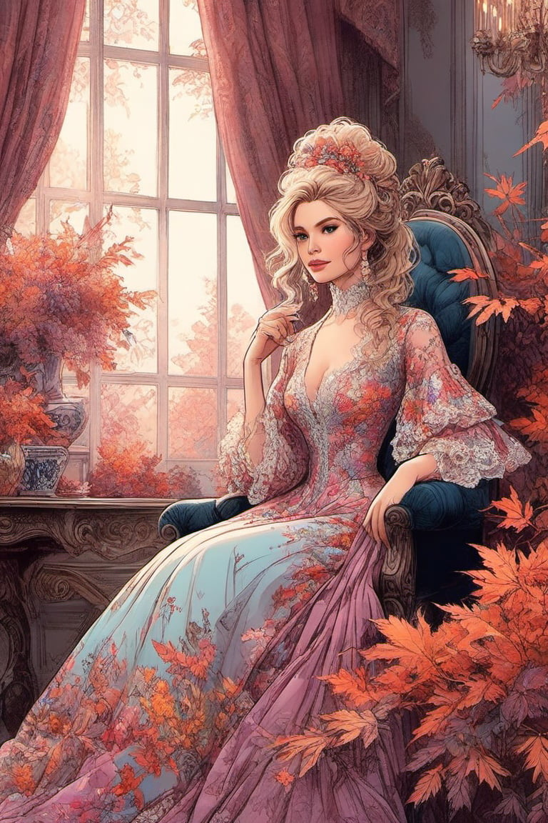 flat illustration of a beautiful student model sitting on a fancy chair in a luxury boroque rococo apartment. A Rococo sausage curls hairstyle. She is wearing an avant-garde layered gown made of stiff materials. Dark color palette. Cluttered maximalism. Close-up shot. Rim lighting. Masterpiece. 64k. ncg,ink,ink art,line art illustration, (Extremely detailed ), (every detail in perfect sharp focus), (masterpiece), (stunningly soft light evenly illuminating the entire face and body), ((extremely perfect detailed)), Masterpiece, HD, 16K, A captivating minimalist illustration of a 20-year-old blonde beauty. ((A painting in shades of mauve, lace gown and elaborate floral wreath)), (((airbrush art by Yoji Shinkawa:1.9))) Layered tulle gown with sparkling lace, ((standing between multicoloured ombre autumn rowan leaves branches)), ink art,line art illustration, ((the main heroine standing away in all human height between many rowan leaves)), standing away, Burgundy, (by Greg Manchess and Miles Aldridge), (extremely detailed are colorful linen pastel flamenco lace dress gown), (ombre multicoloured leafs:1.9)), (pattern of ombre multicoloured leafs:1.9))