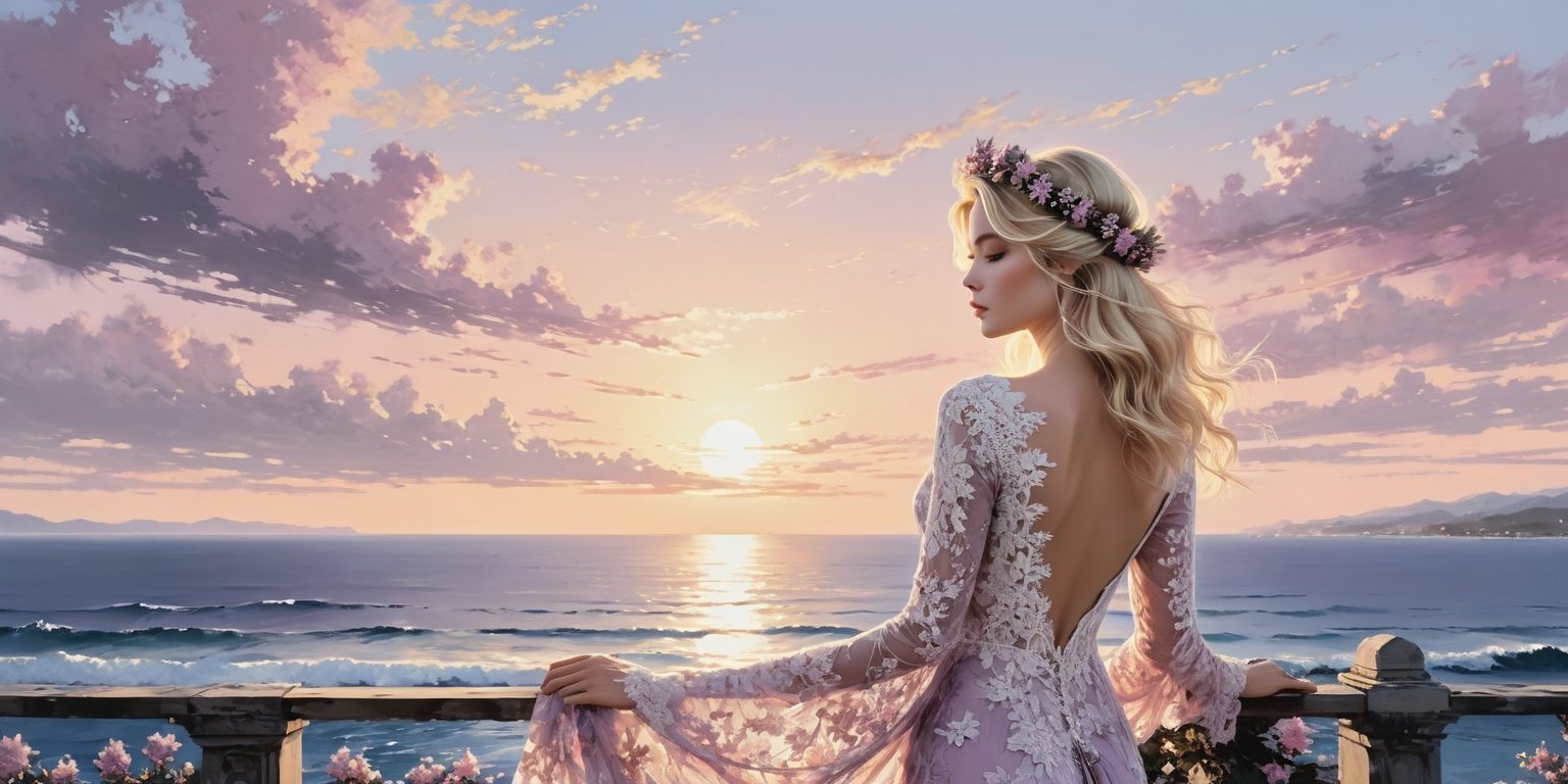 Masterpiece, HD, 16K, A captivating minimalist 
illustration of a  20-year-old blonde beauty. 
(((A painting in shades of mauve, lace gown and elaborate floral wreath, fleeing church, airbrush art by Yoji Shinkawa.)))
Standing away looking at sea sunrise 