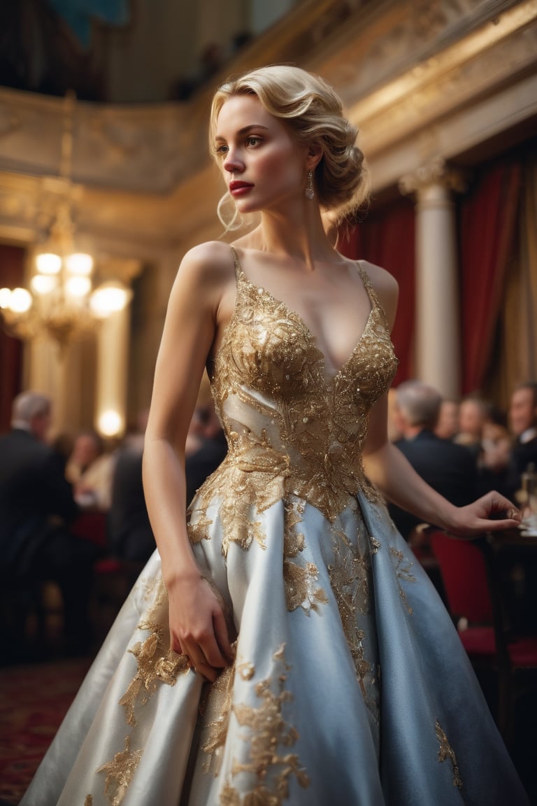  ((extremely perfect detailed)), Masterpiece, a beautiful woman in an elegant evening dress, theater, by Greg Manchess and Miles Aldridge, 35mm photography, bokeh, best quality, masterpiece, highly aesthetic, perfect composition, intricate details, ultra detailed, extremely detailed