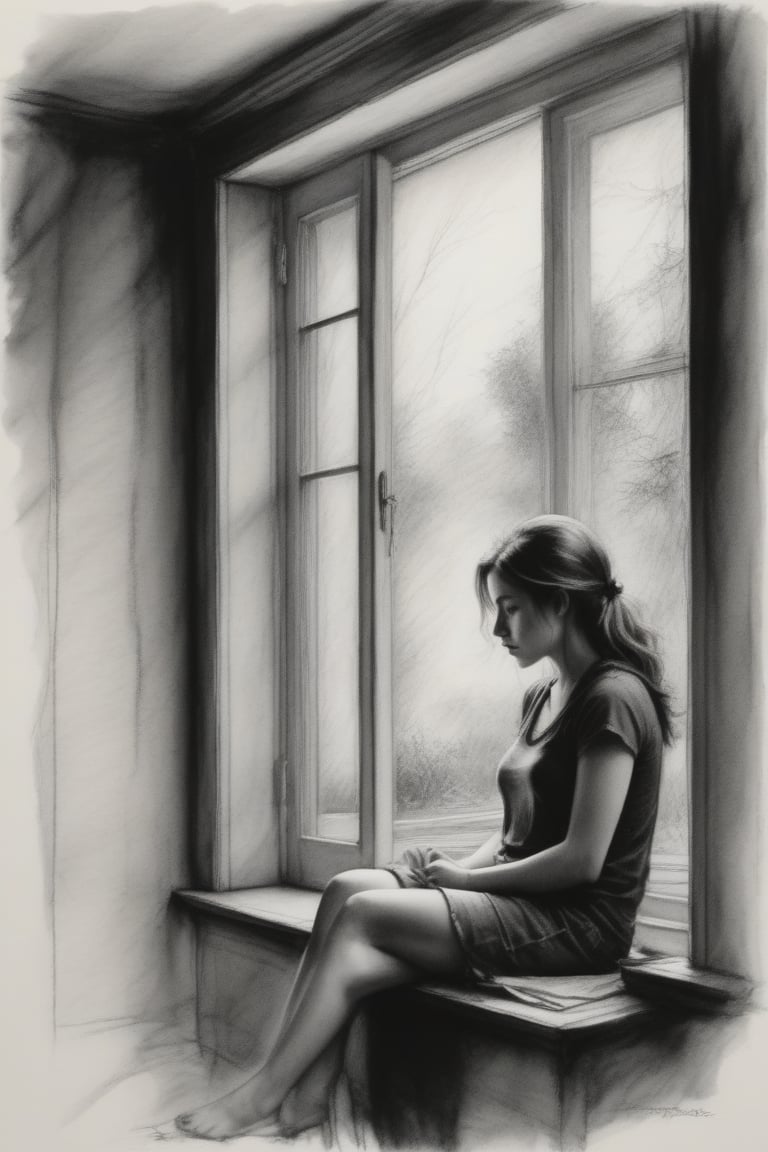 A sketch of a girl sitting at her bay window, appearing deep in thought, with a background and surroundings that evoke comfort. ,Charcoal drawing,Sketch,dark moody atmosphere,more detail XL